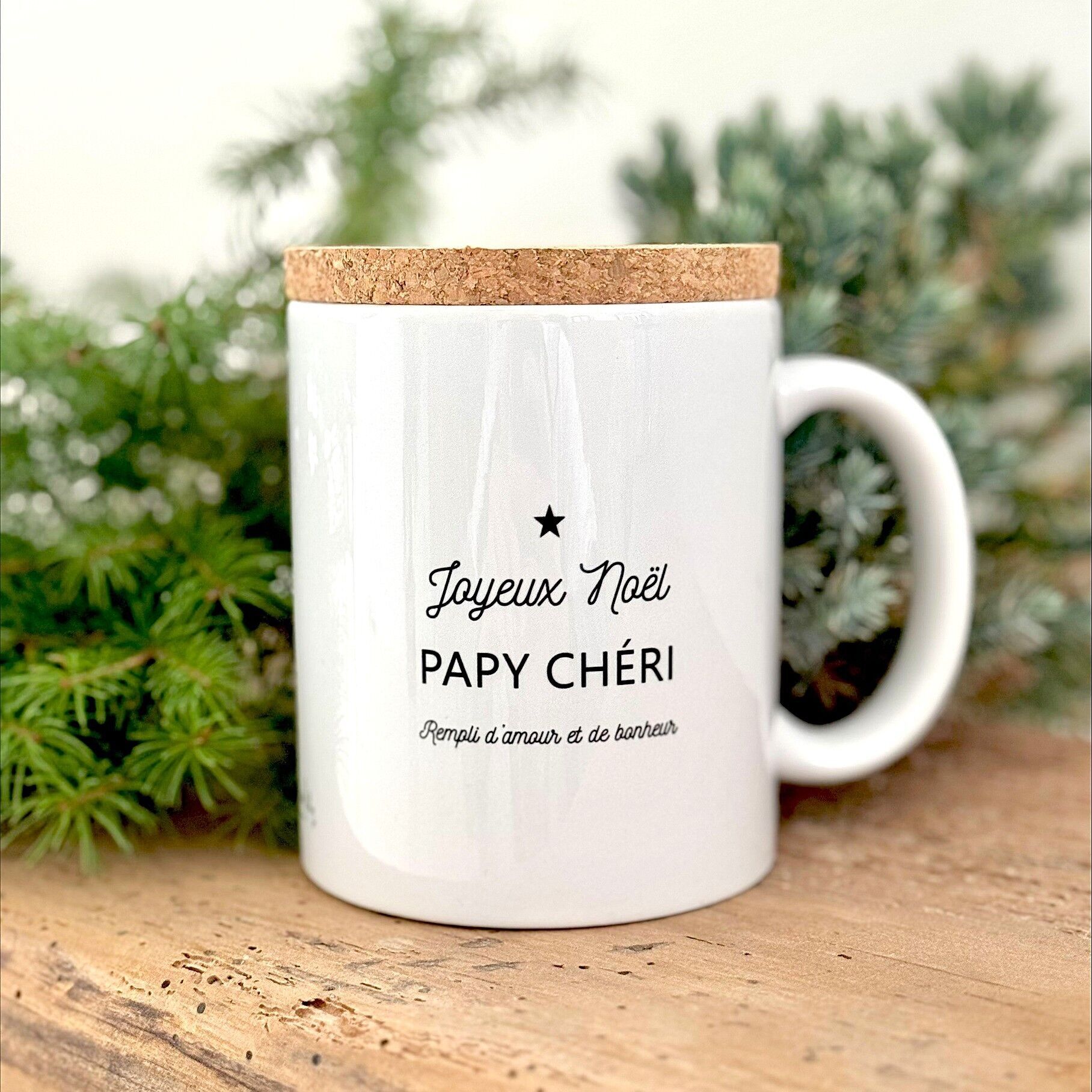 Mug "Joyeux noël papy chéri" avec son couvercle en liège