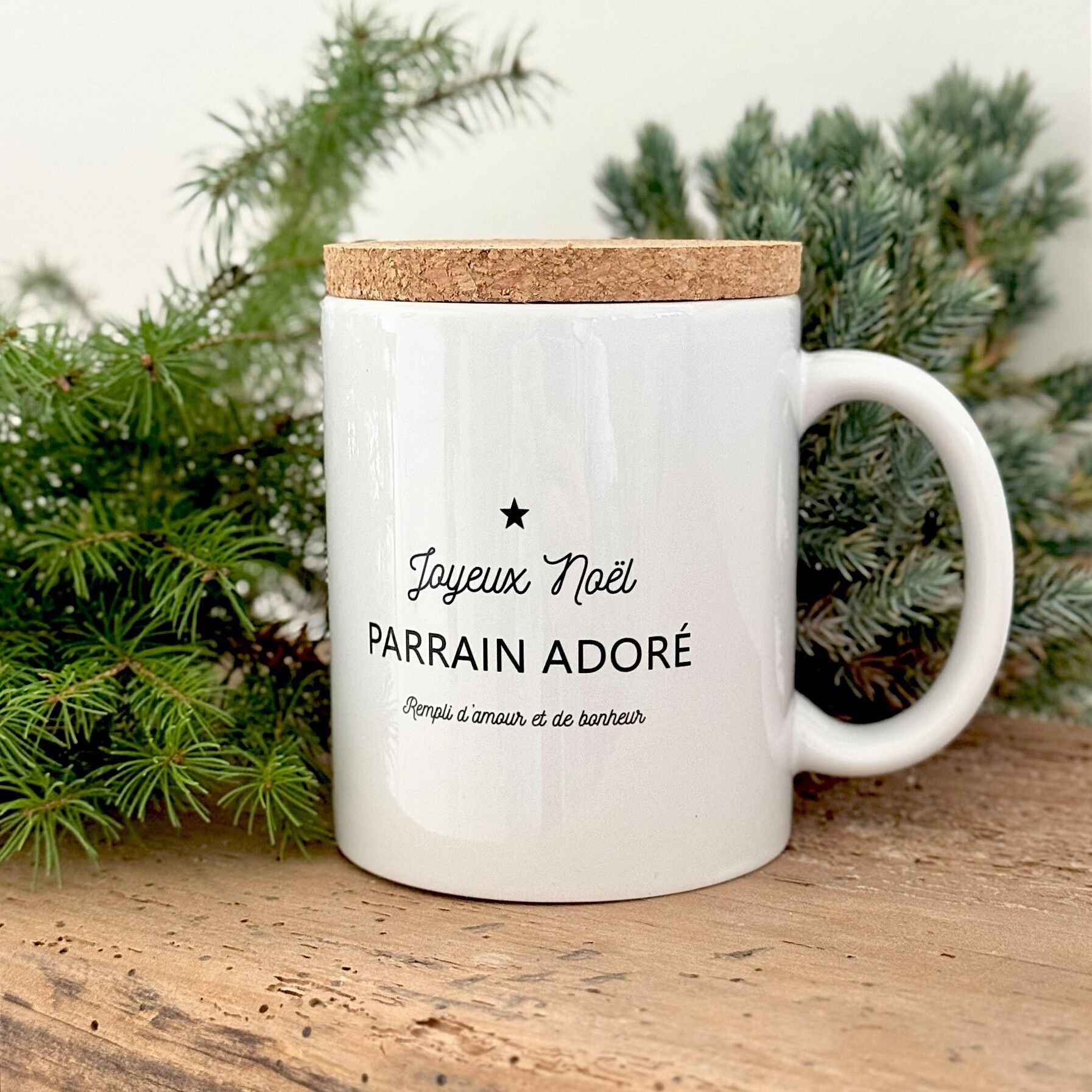 Mug "Joyeux noël parrain adoré" avec son couvercle en liège