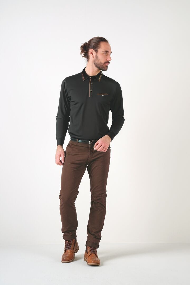 Langarm-Stretch-Poloshirt mit Alcantara-Details 91363