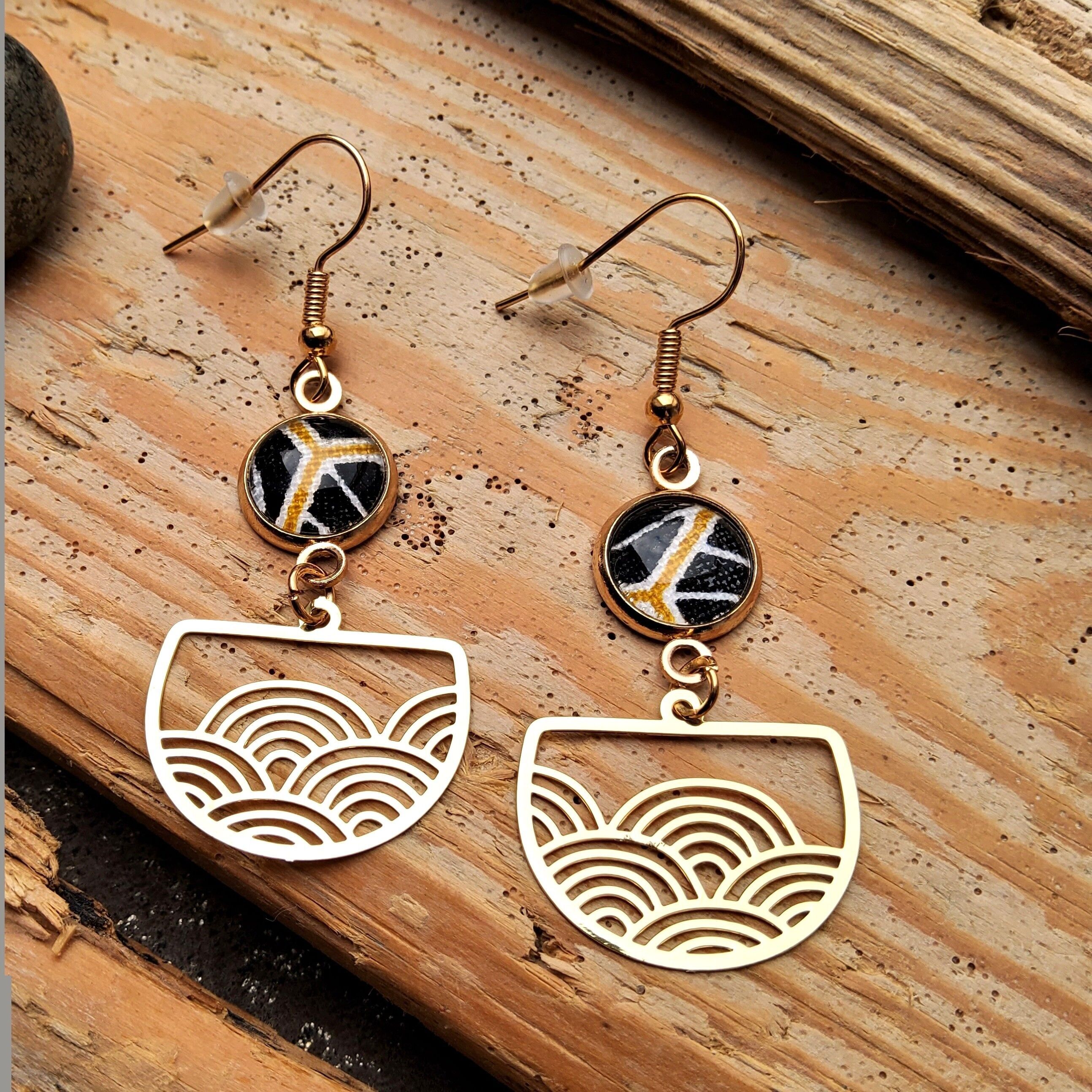 Black Okusai earrings, Japanese Ryad fabric, KC gold metal