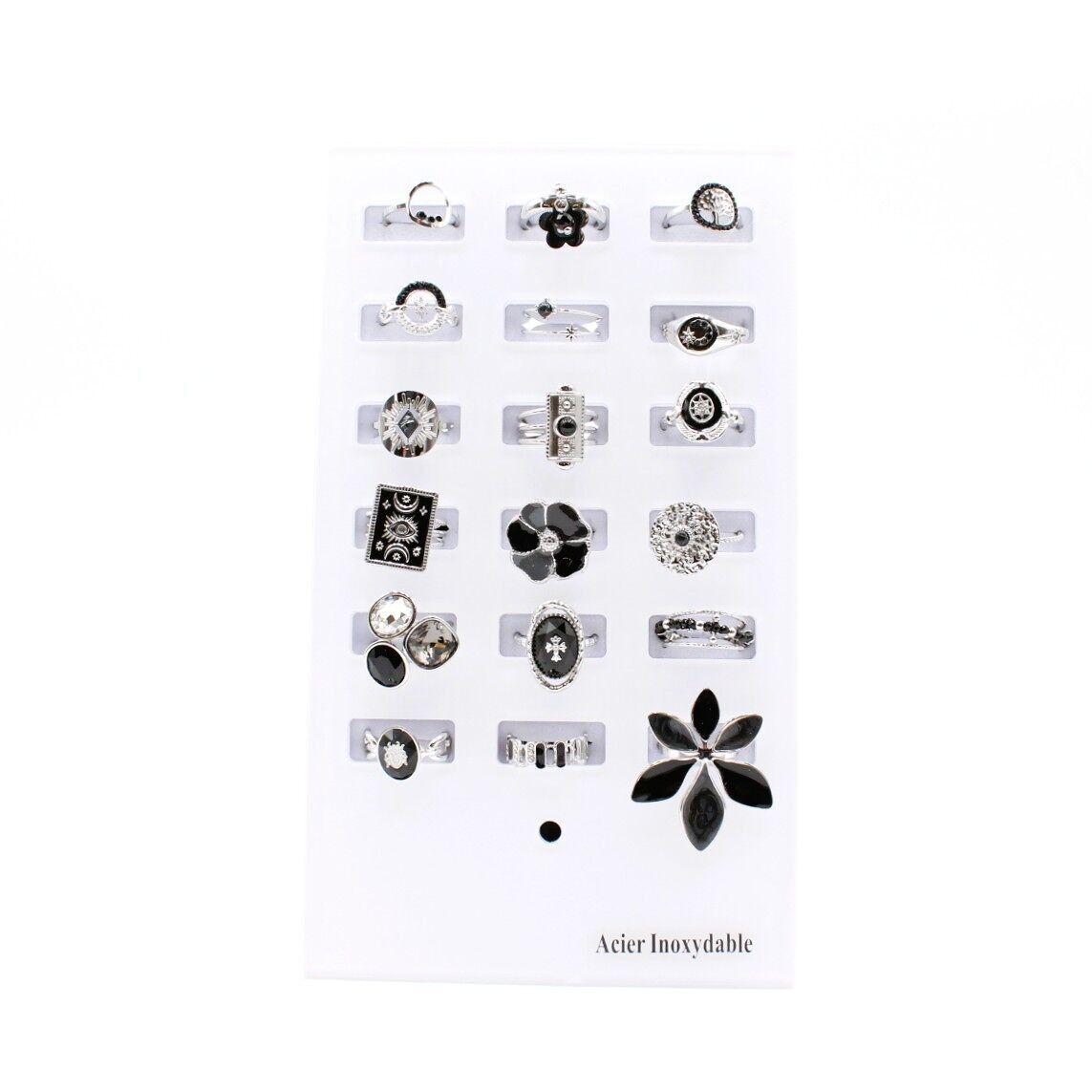 Pack 18 bagues acier inoxydable - argenté noir