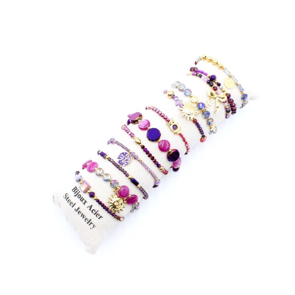 Pack de 12 bracelets cristal de verre et acier - violet