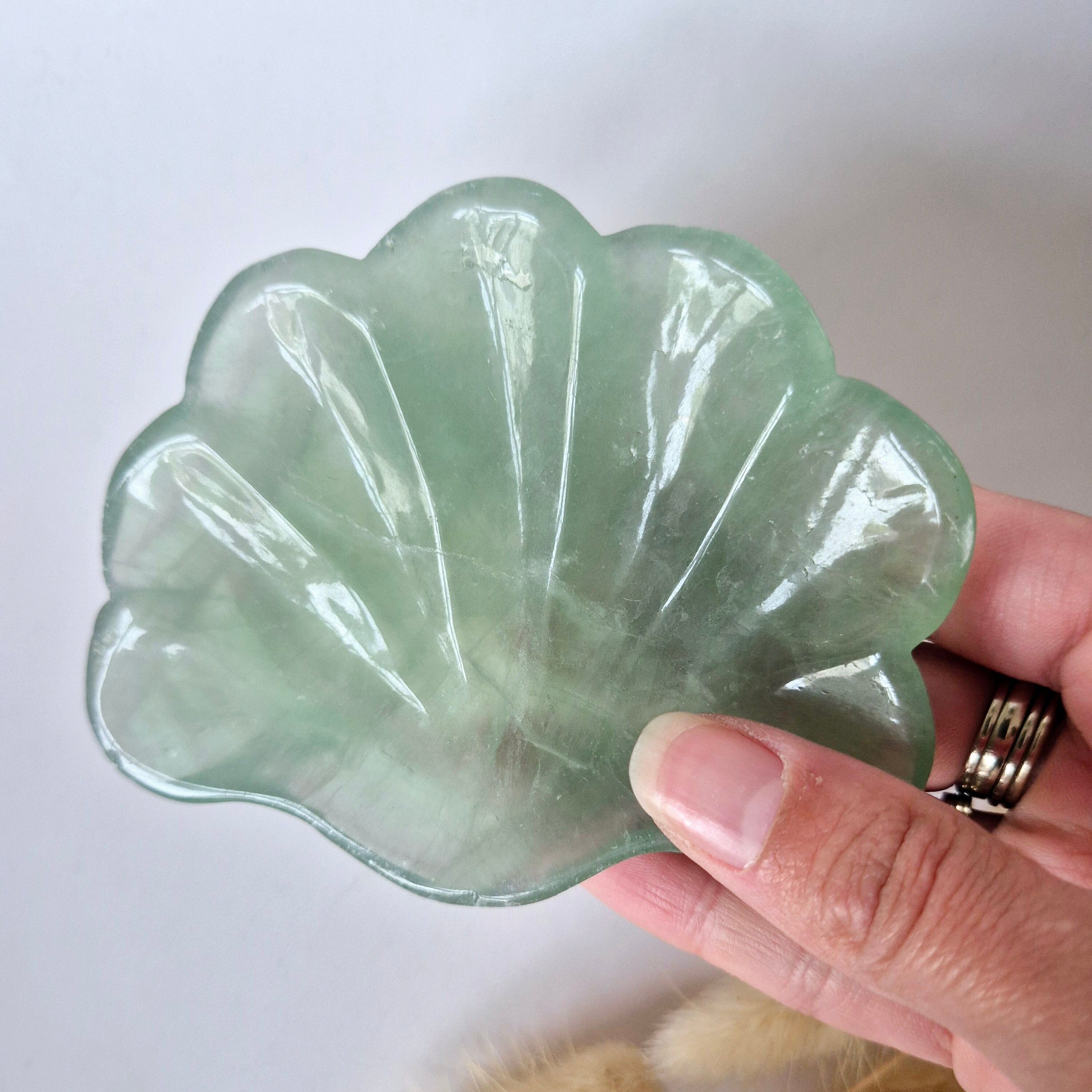 Cuenco para tallar piedras preciosas con forma de concha de fluorita verde n.° 23 - Regalo único