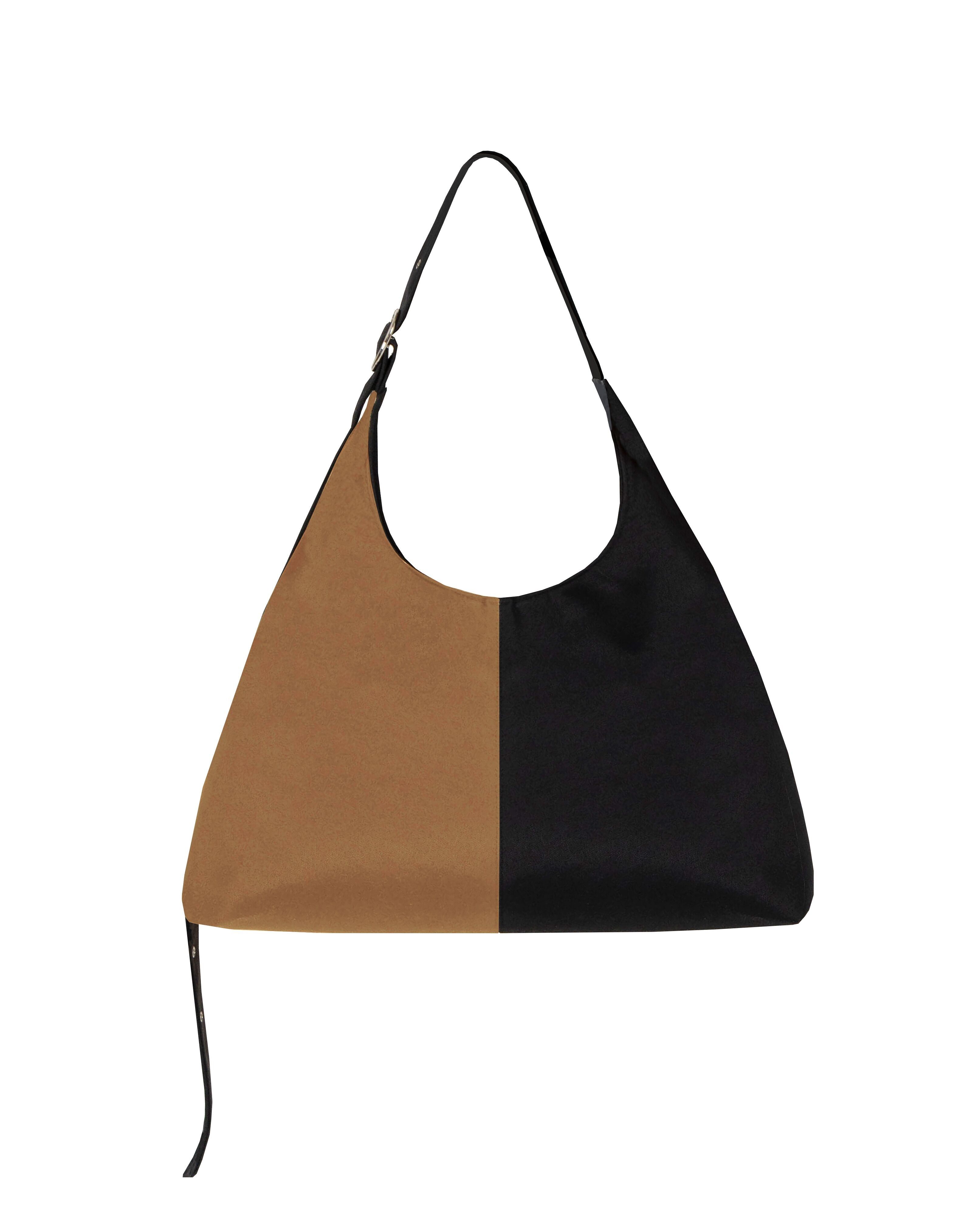 Borsa hobo grande color tortora e nera con tracolla regolabile – Bela