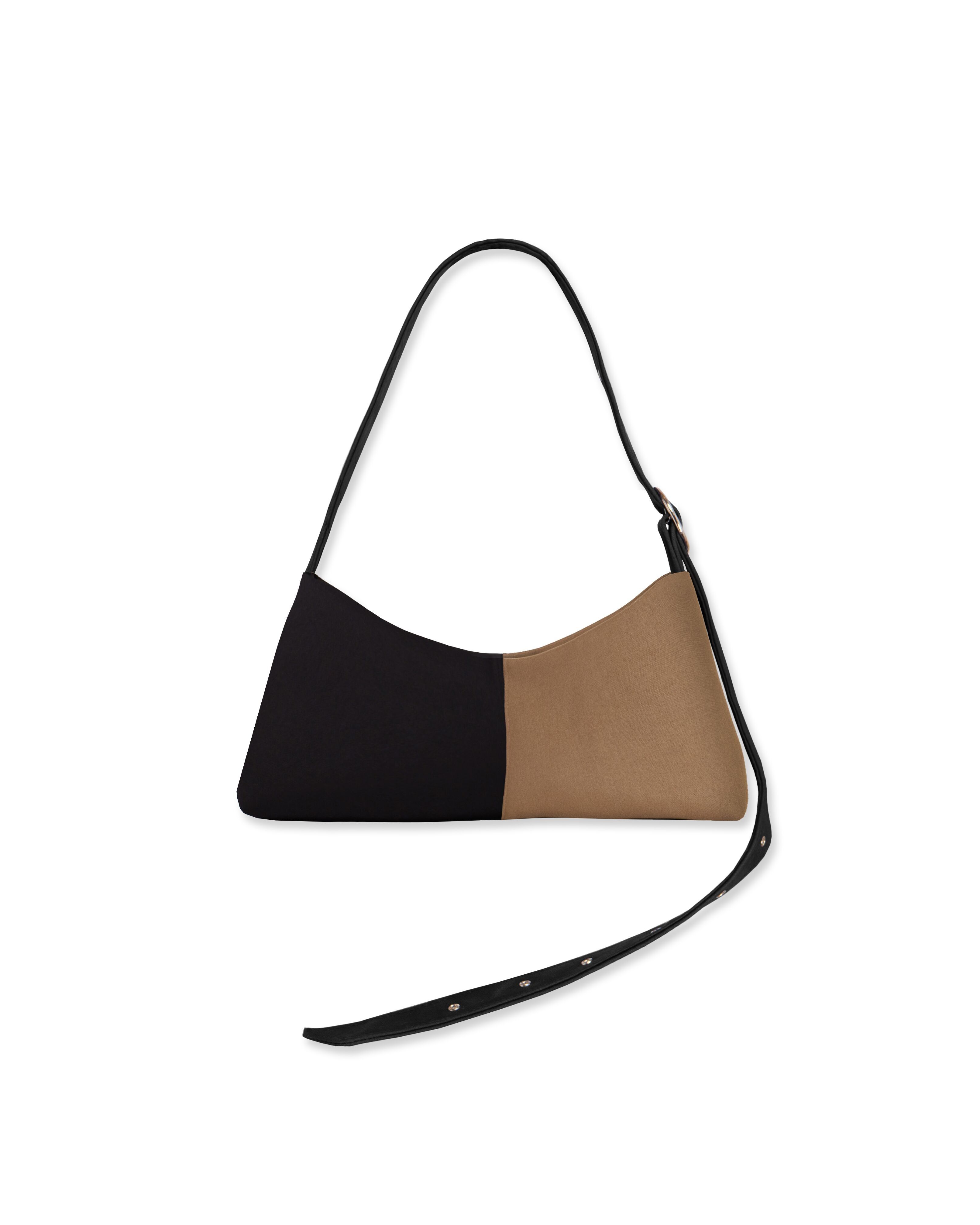 Bolso baguette en color topo y negro con correa ajustable y hebilla plateada – Gala