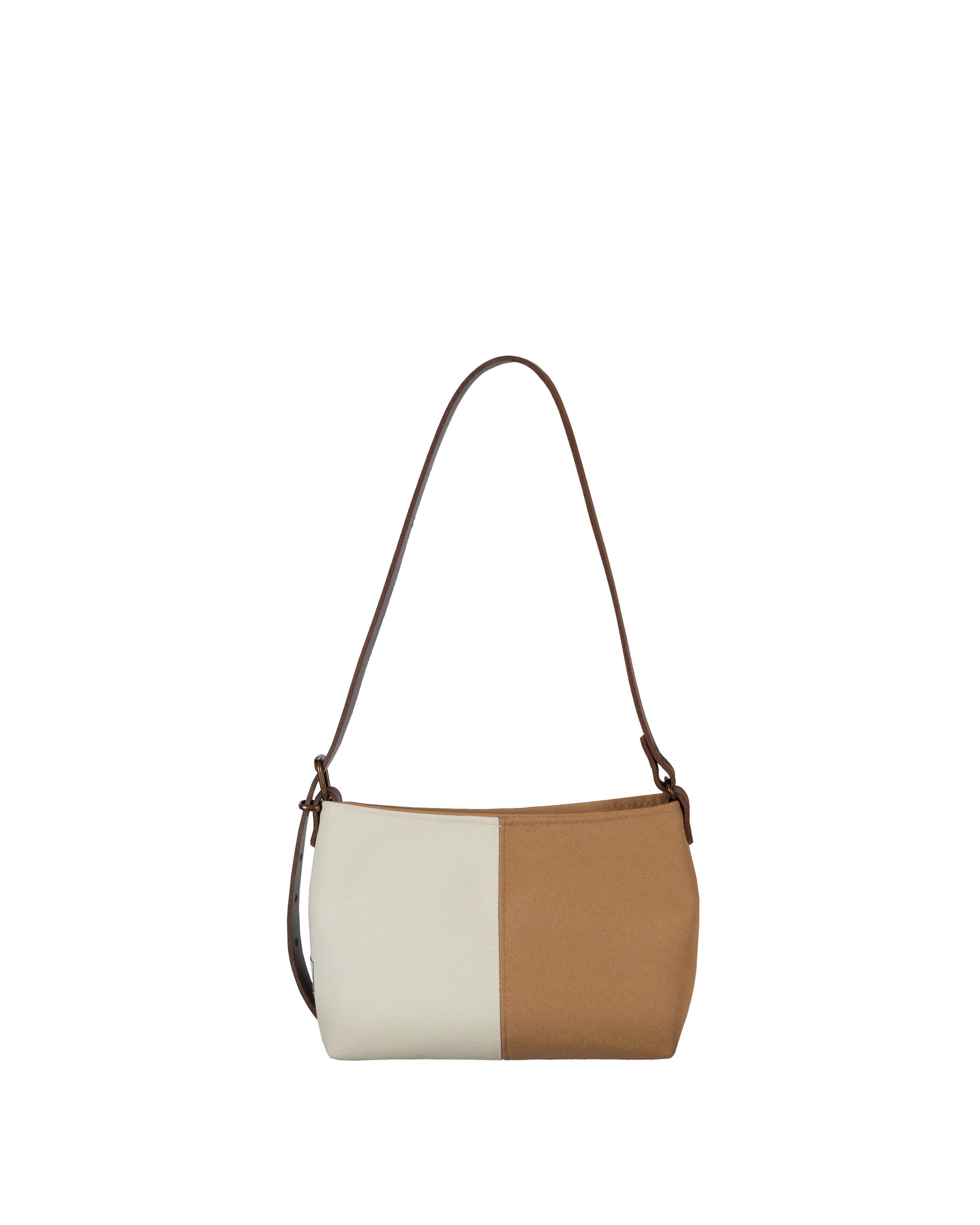 Borsa baguette tortora e bianca con tracolla in pelle - Bruna