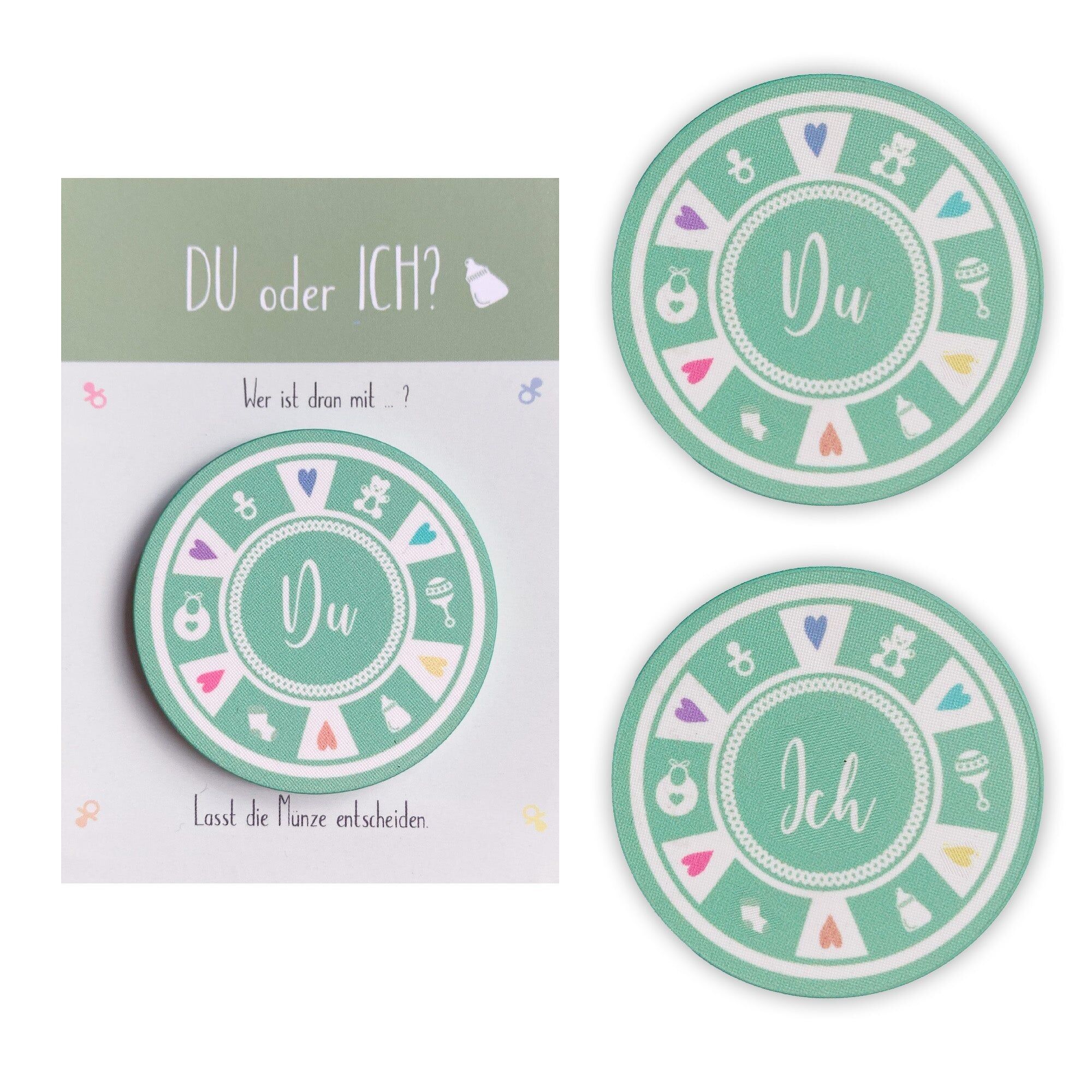 Entscheidungsmünze "Du oder Ich" Geschenk zur Geburt, Babyparty und für junge Familien (VPE 10 Stk.)