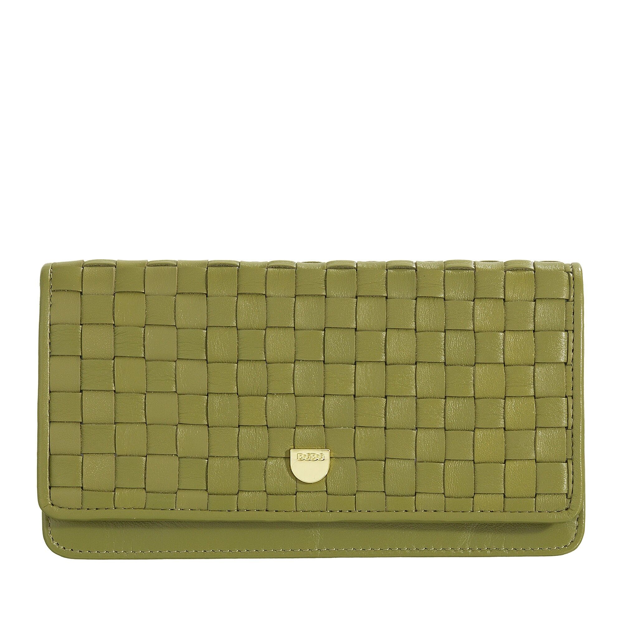 Portafoglio da donna in pelle intrecciata Dudu con porta carte di credito, colore oliva
