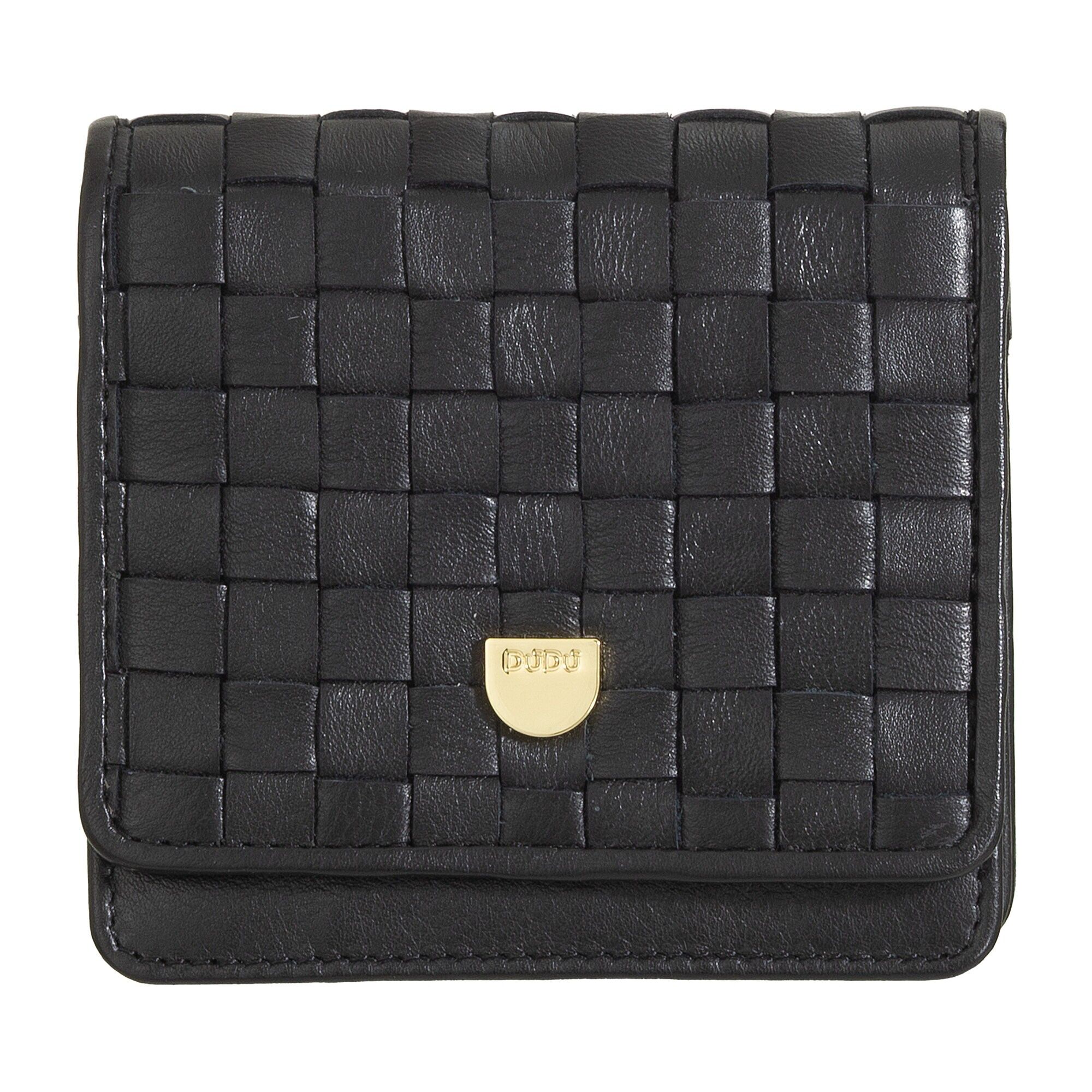 Portafoglio piccolo in pelle intrecciata da donna Dudu con bottone automatico, nero