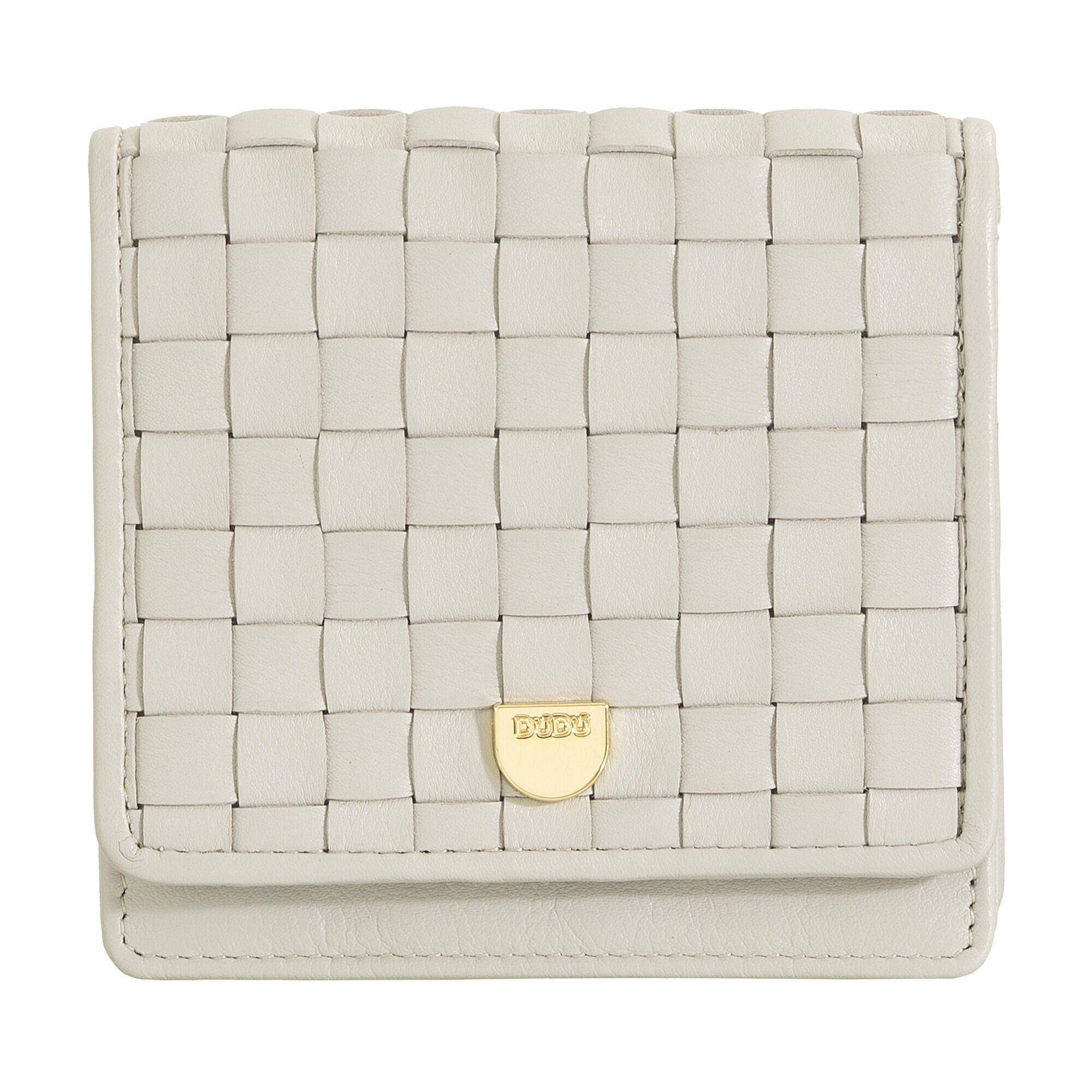 Portafoglio piccolo in pelle intrecciata da donna Dudu con bottone automatico grigio perla