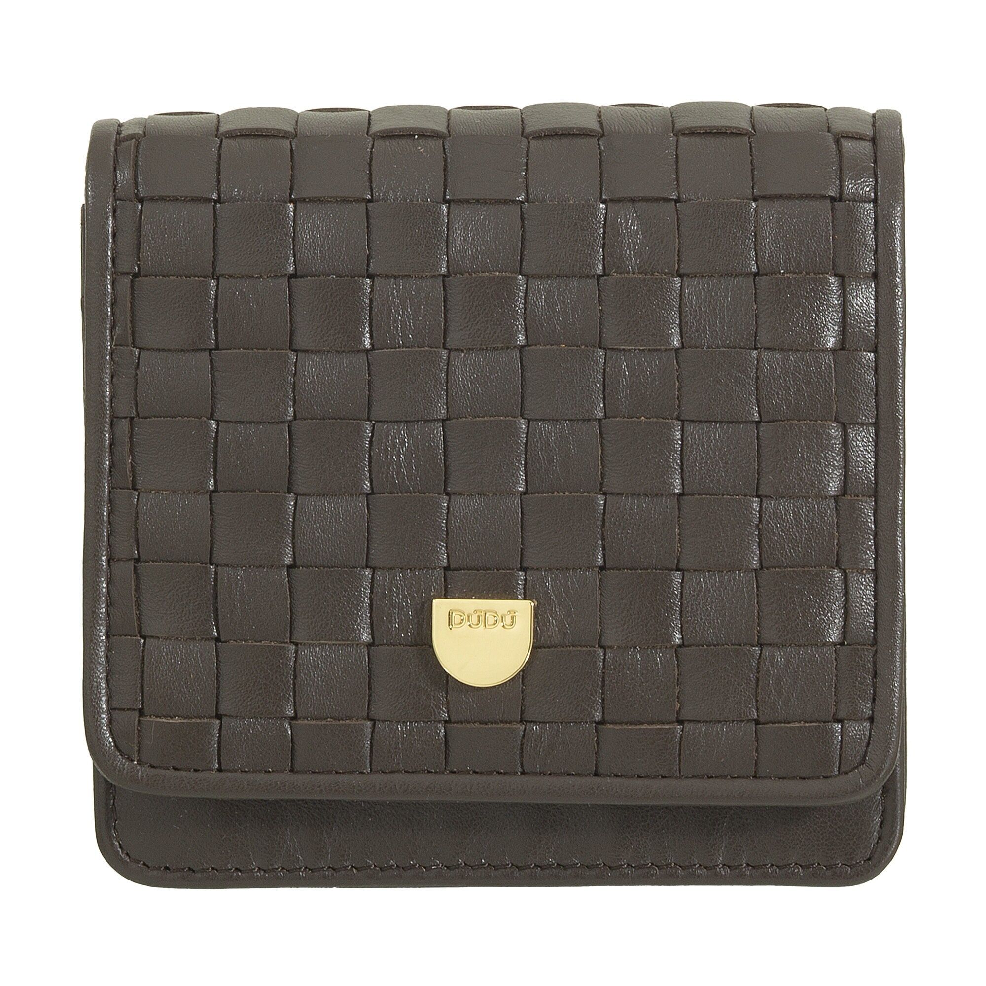 Portafoglio piccolo in pelle intrecciata da donna Dudu con bottone automatico, marrone