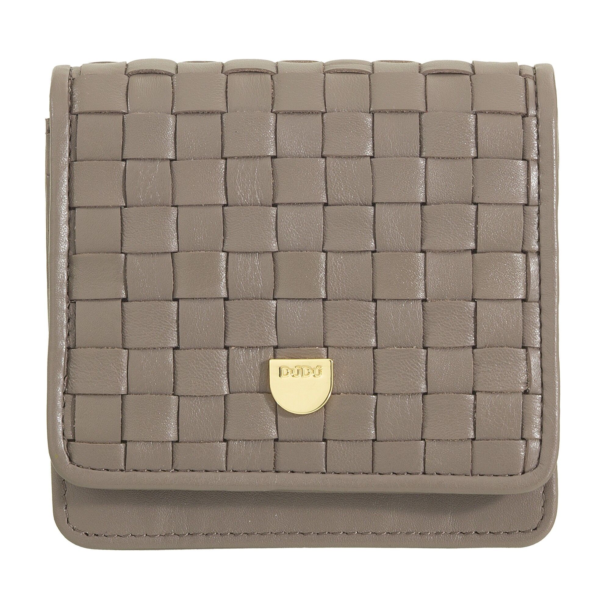 Portafoglio piccolo in pelle intrecciata da donna Dudu con bottone automatico, color talpa