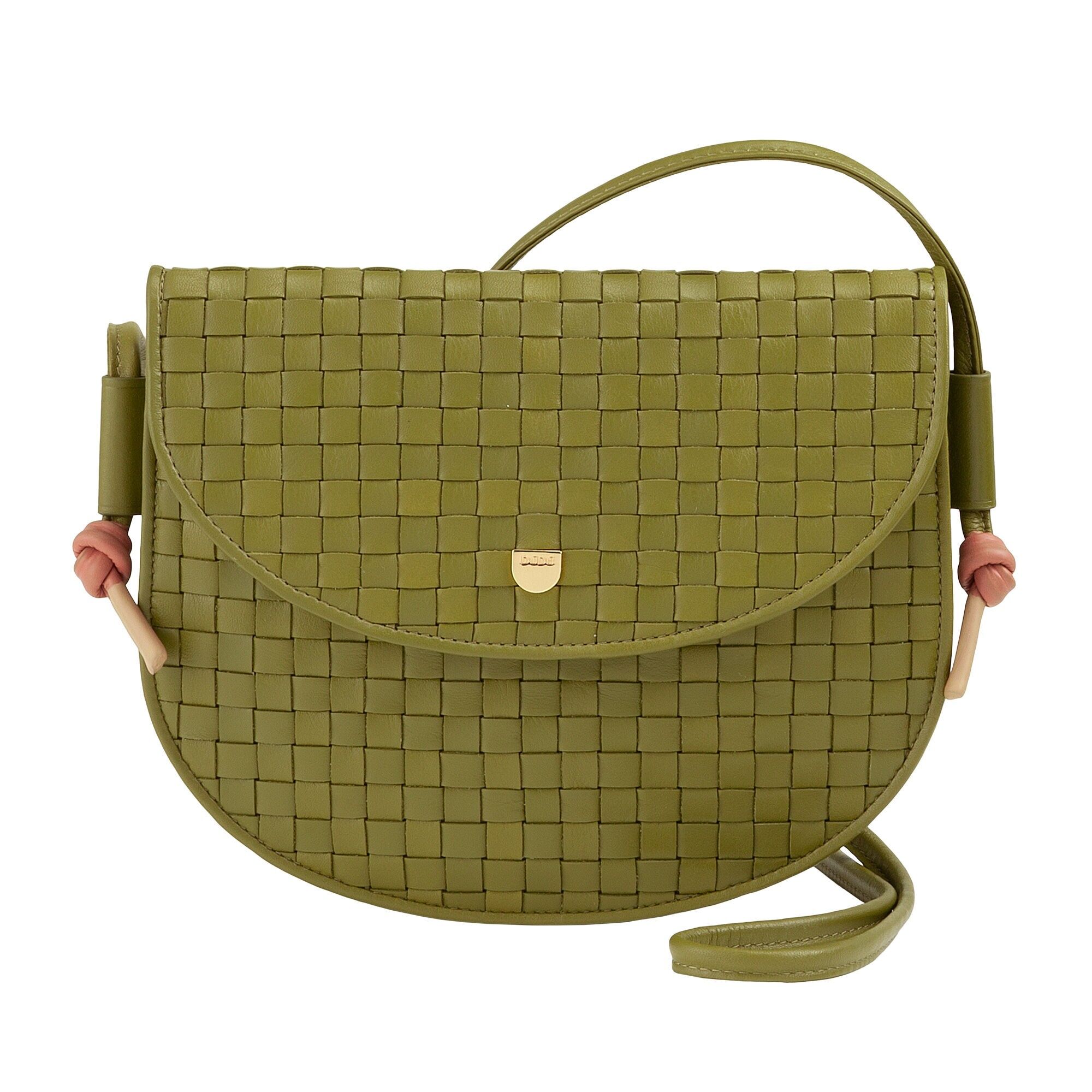 Borsa a tracolla media in pelle intrecciata da donna Dudu verde oliva