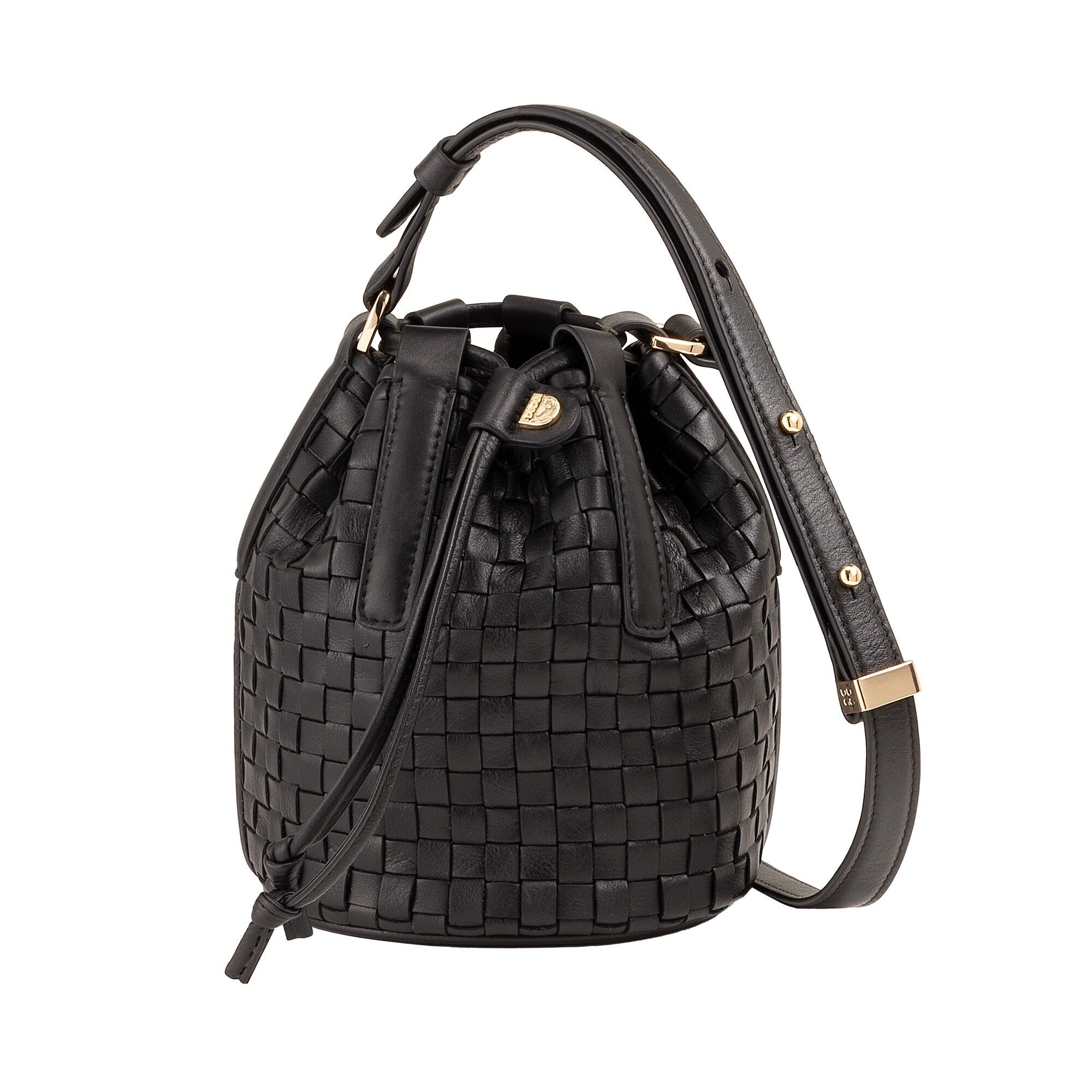 Borsa a secchiello con coulisse in pelle intrecciata Dudu, nera