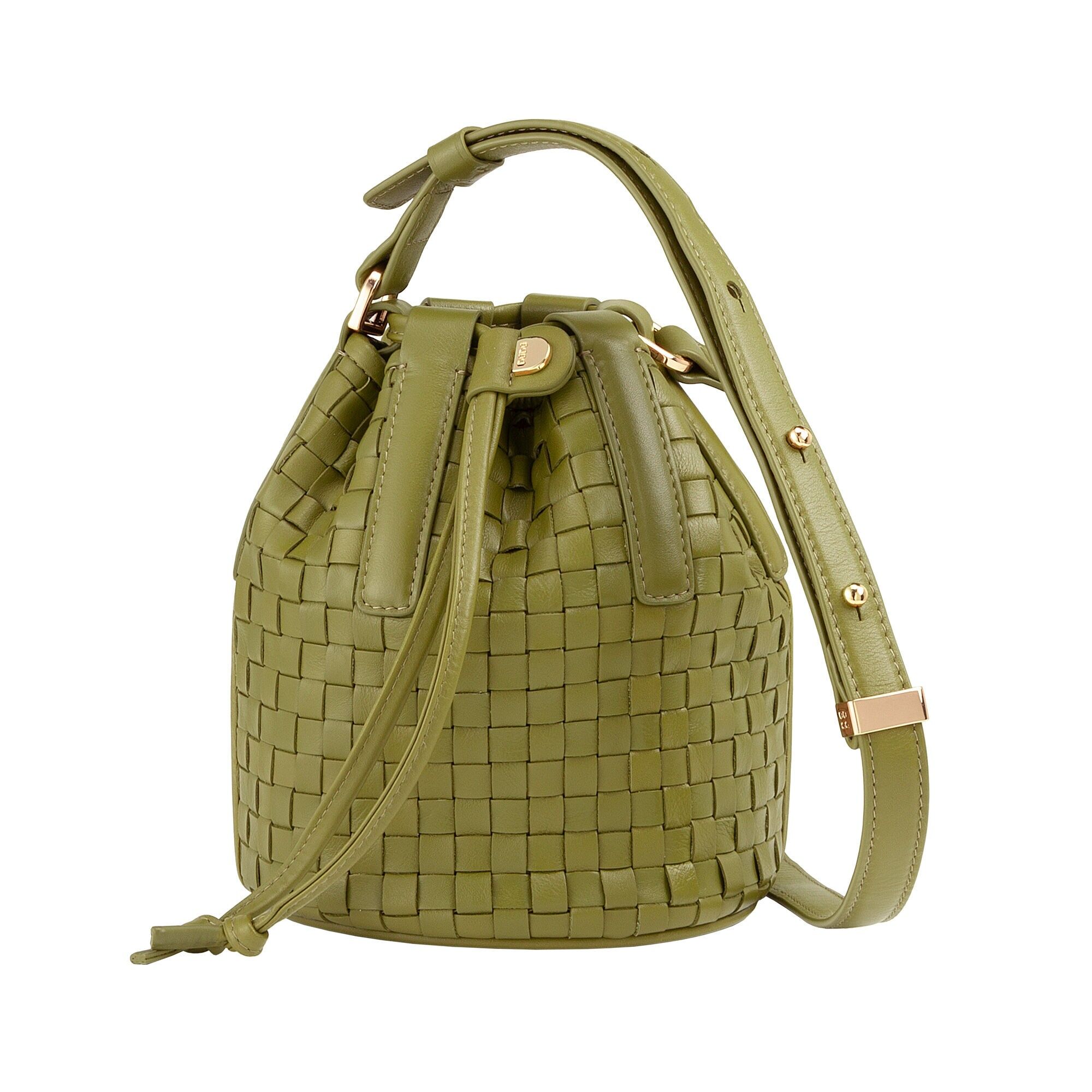 Borsa a secchiello con coulisse in pelle intrecciata Dudu piccola verde oliva