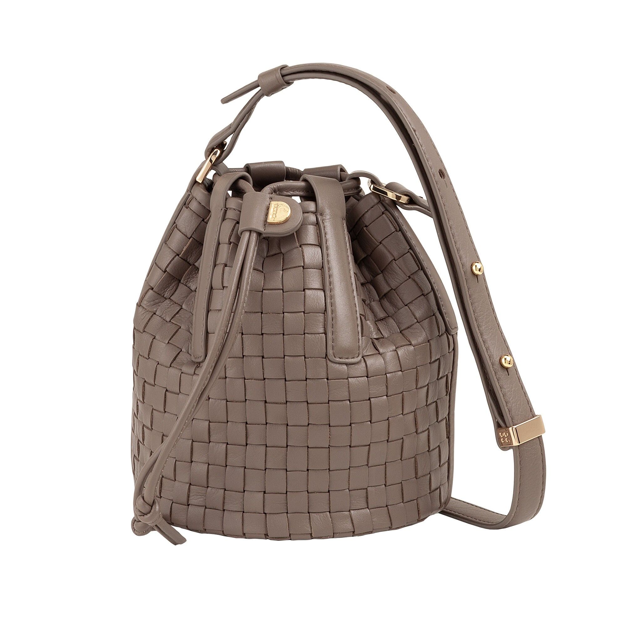 Borsa a secchiello con coulisse in pelle intrecciata Dudu piccola color talpa