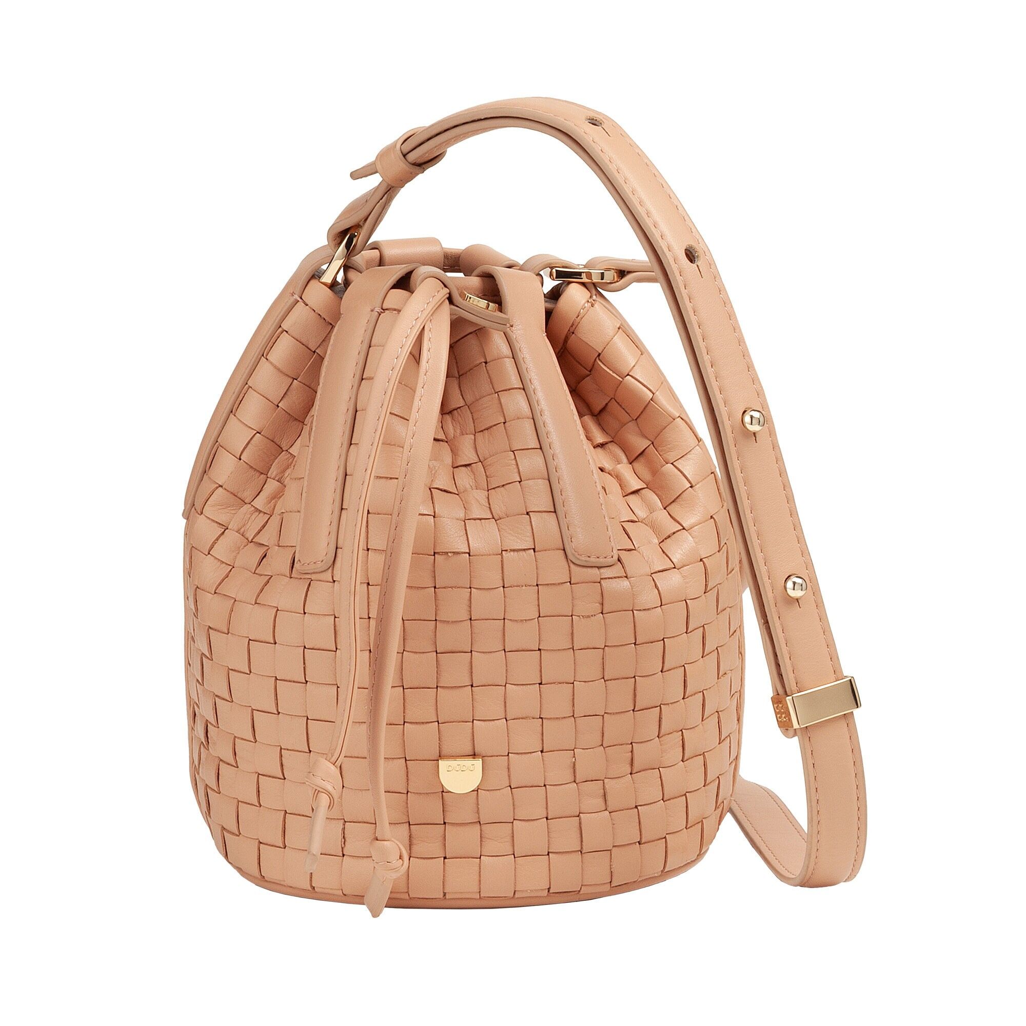 Borsa a secchiello con coulisse in pelle intrecciata Dudu, colore rosa cipria