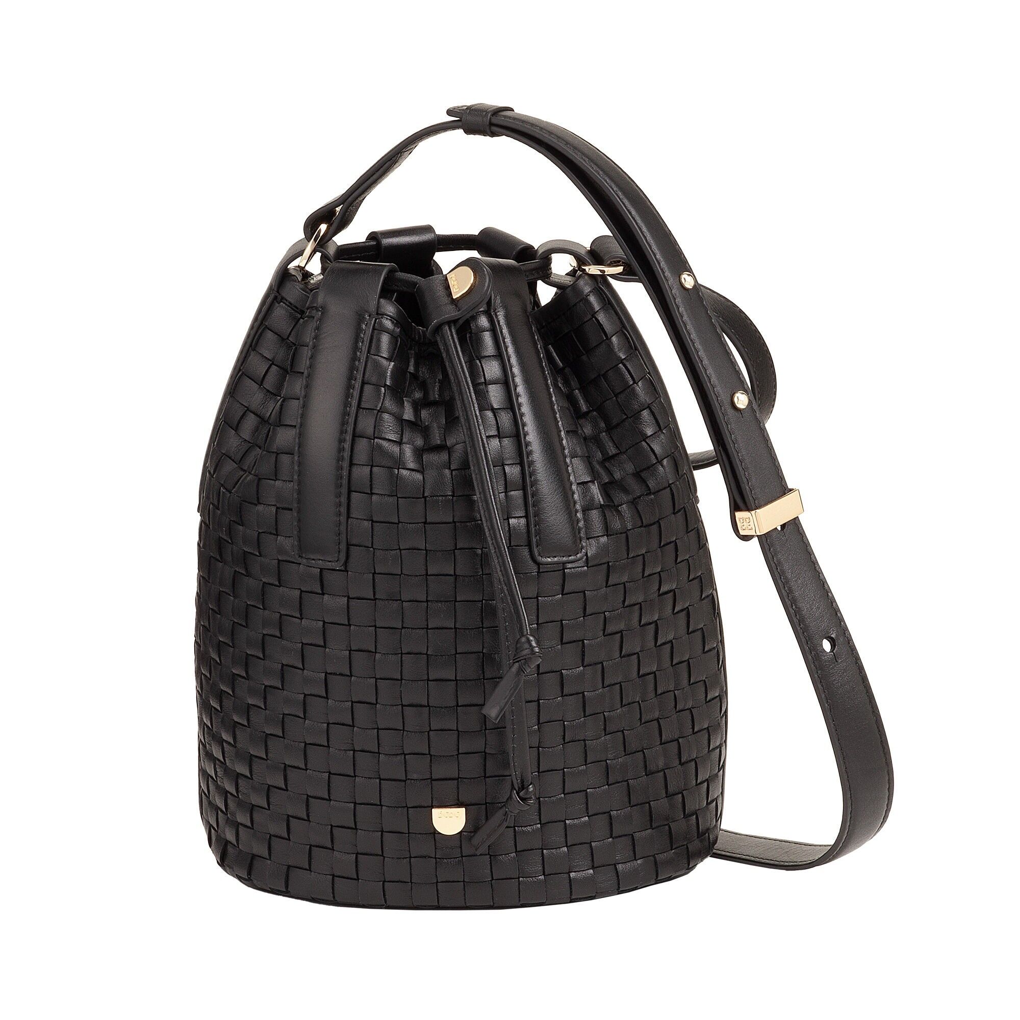 Borsa a secchiello grande con coulisse in pelle intrecciata Dudu, nera