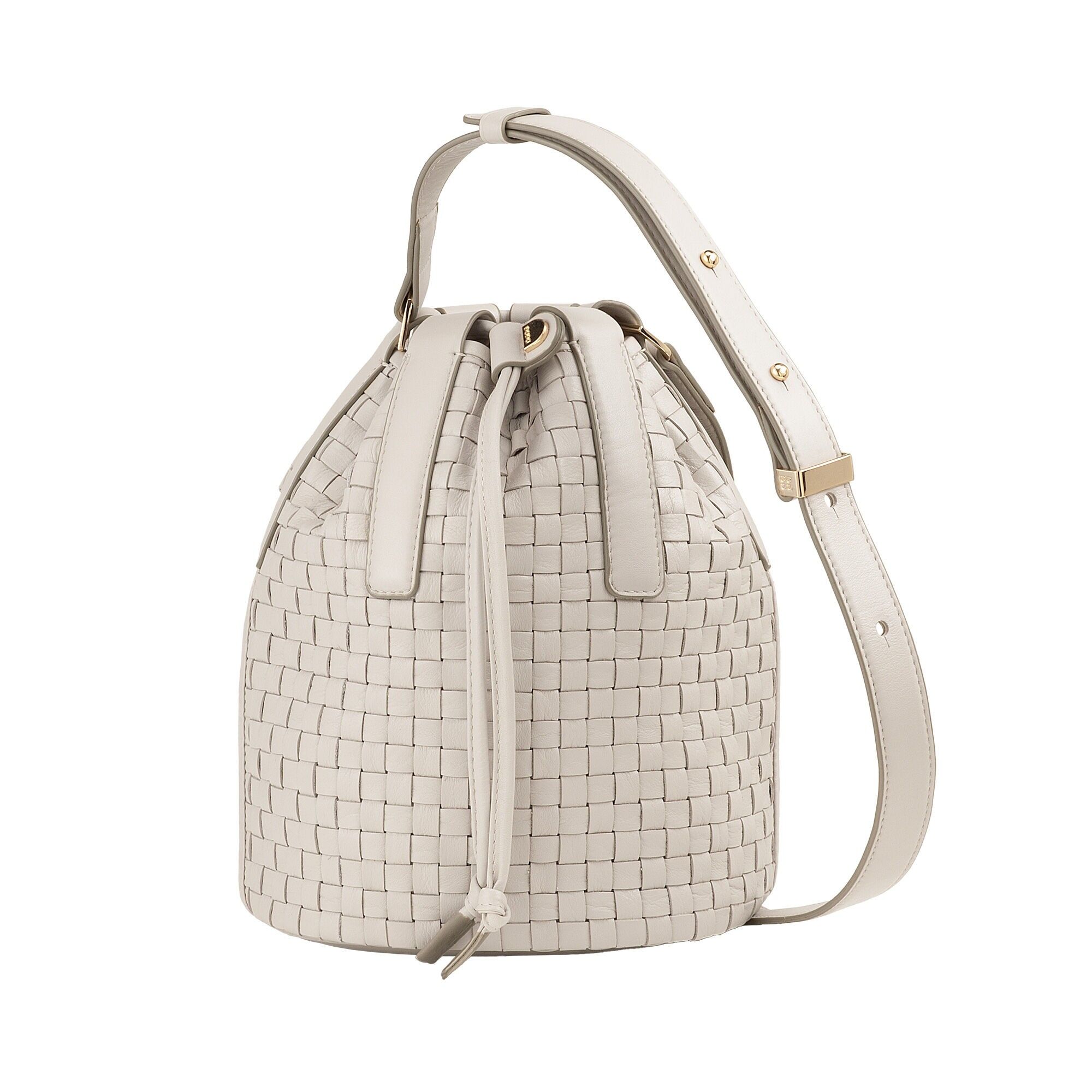 Borsa a secchiello grande in pelle intrecciata Dudu con coulisse grigio perla
