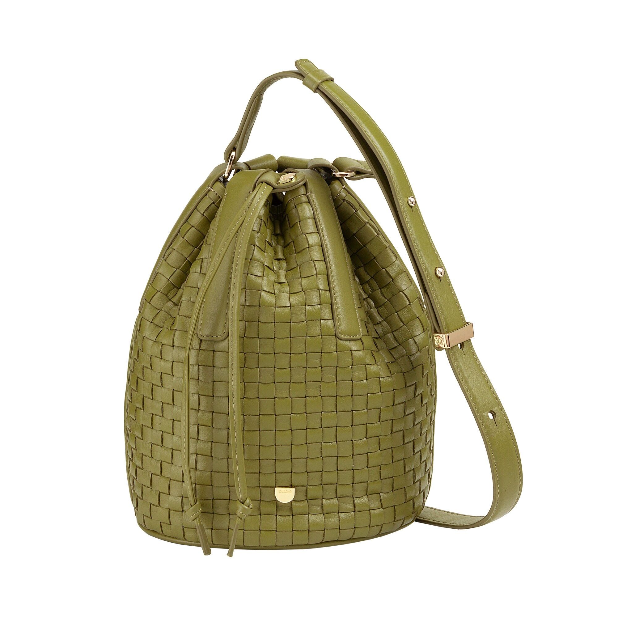 Borsa a secchiello grande con coulisse in pelle intrecciata Dudu verde oliva