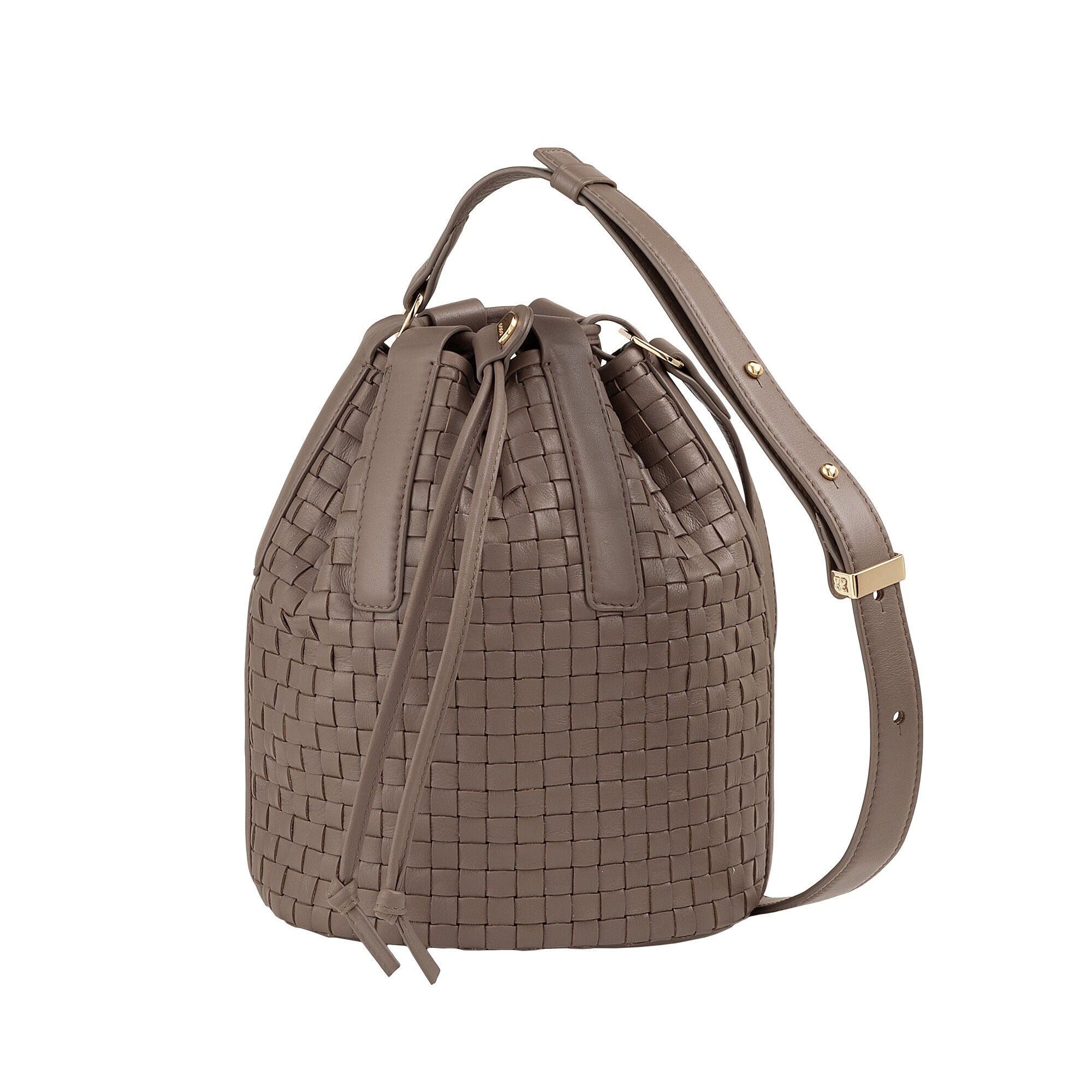 Borsa a secchiello grande con coulisse in pelle intrecciata Dudu color talpa