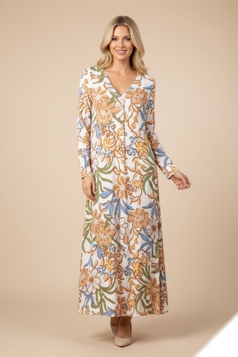 Langes Kleid mit V-Ausschnitt aus leinenähnlichem Stoff - 951 - Lusa Mode