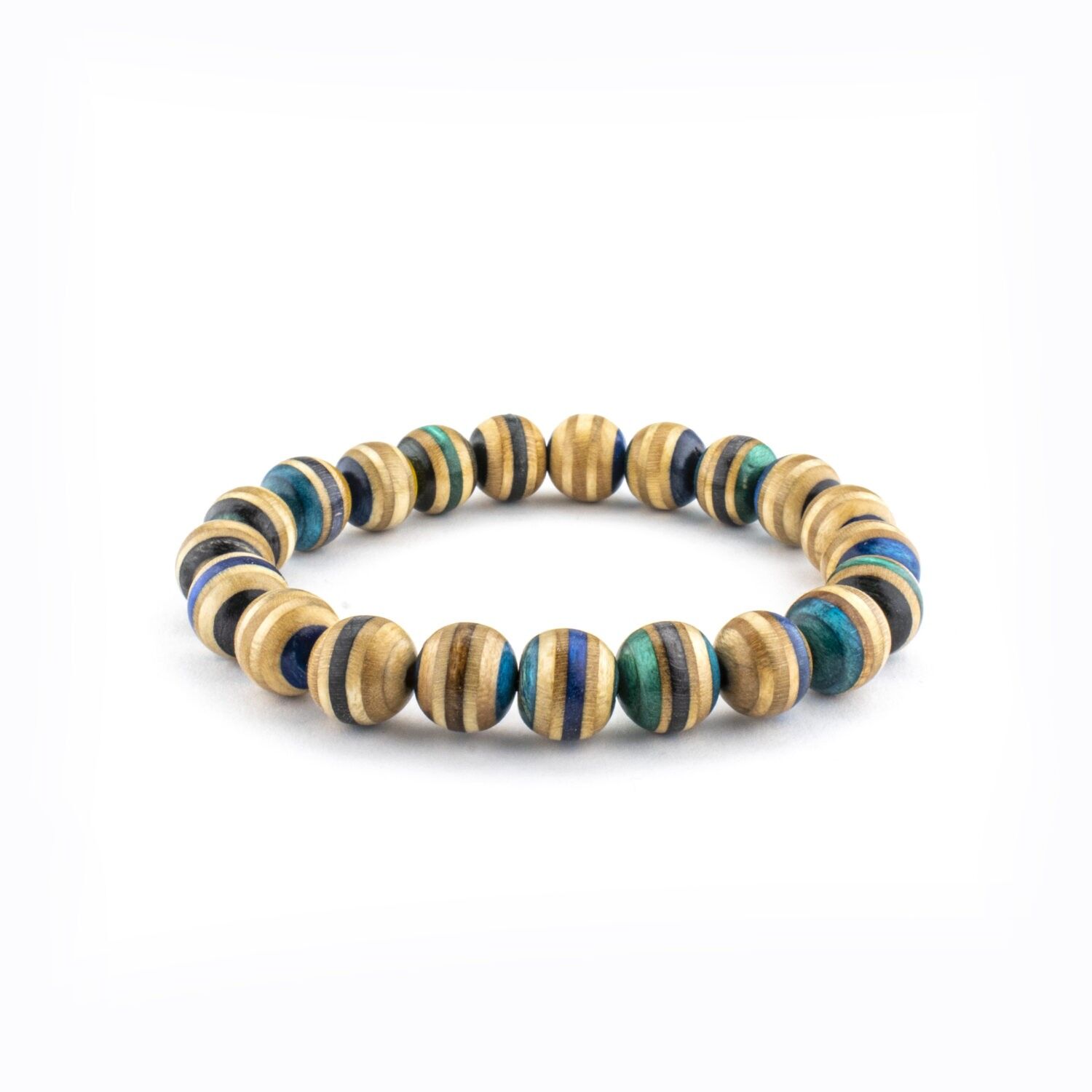 Pulsera elástica de patinetas recicladas - azul, cuentas de 10 mm, unisex