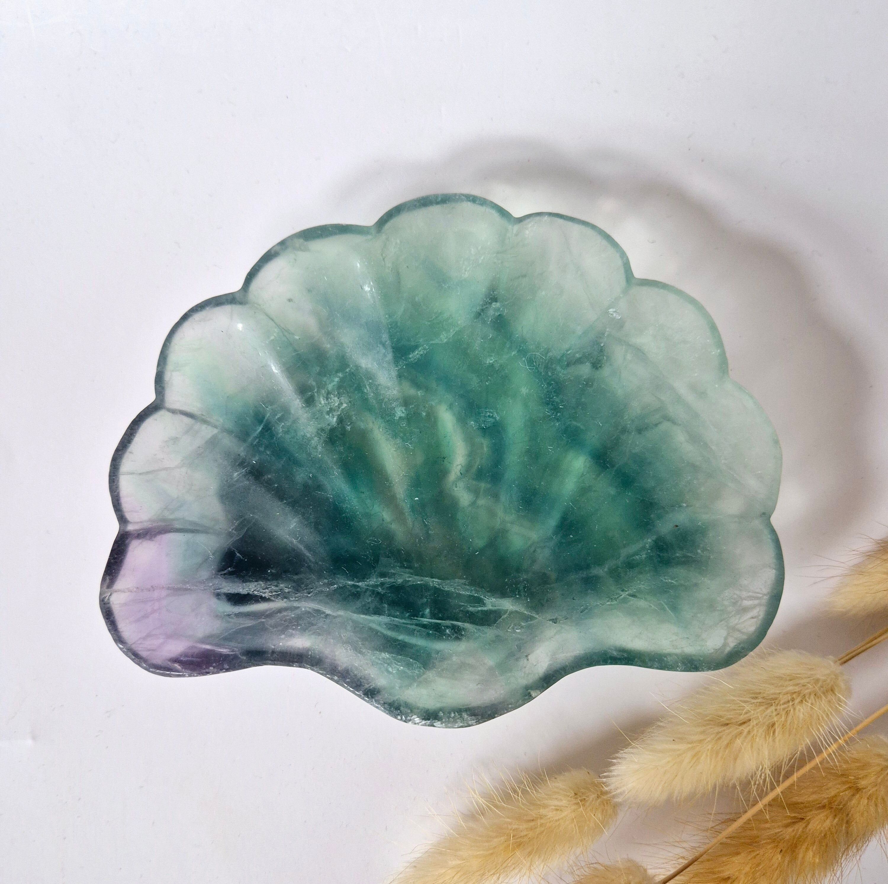 Bol à sculpter en pierre précieuse en forme de coquillage, fluorite violette/verte n° 34 - Cadeau unique