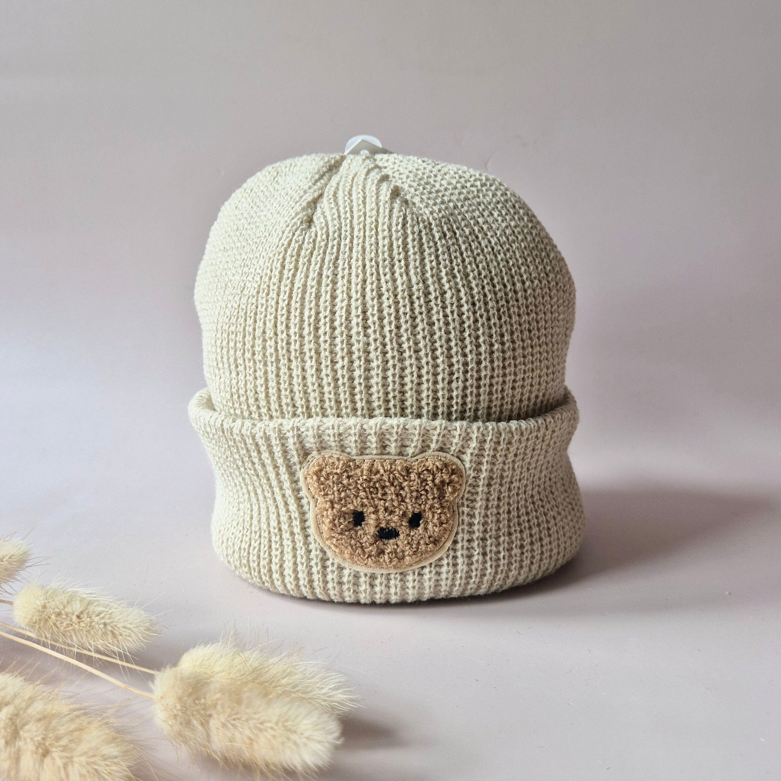 Berretto a forma di orsetto sonaglio – Berretto caldo beige lavorato a maglia per neonati e bambini piccoli