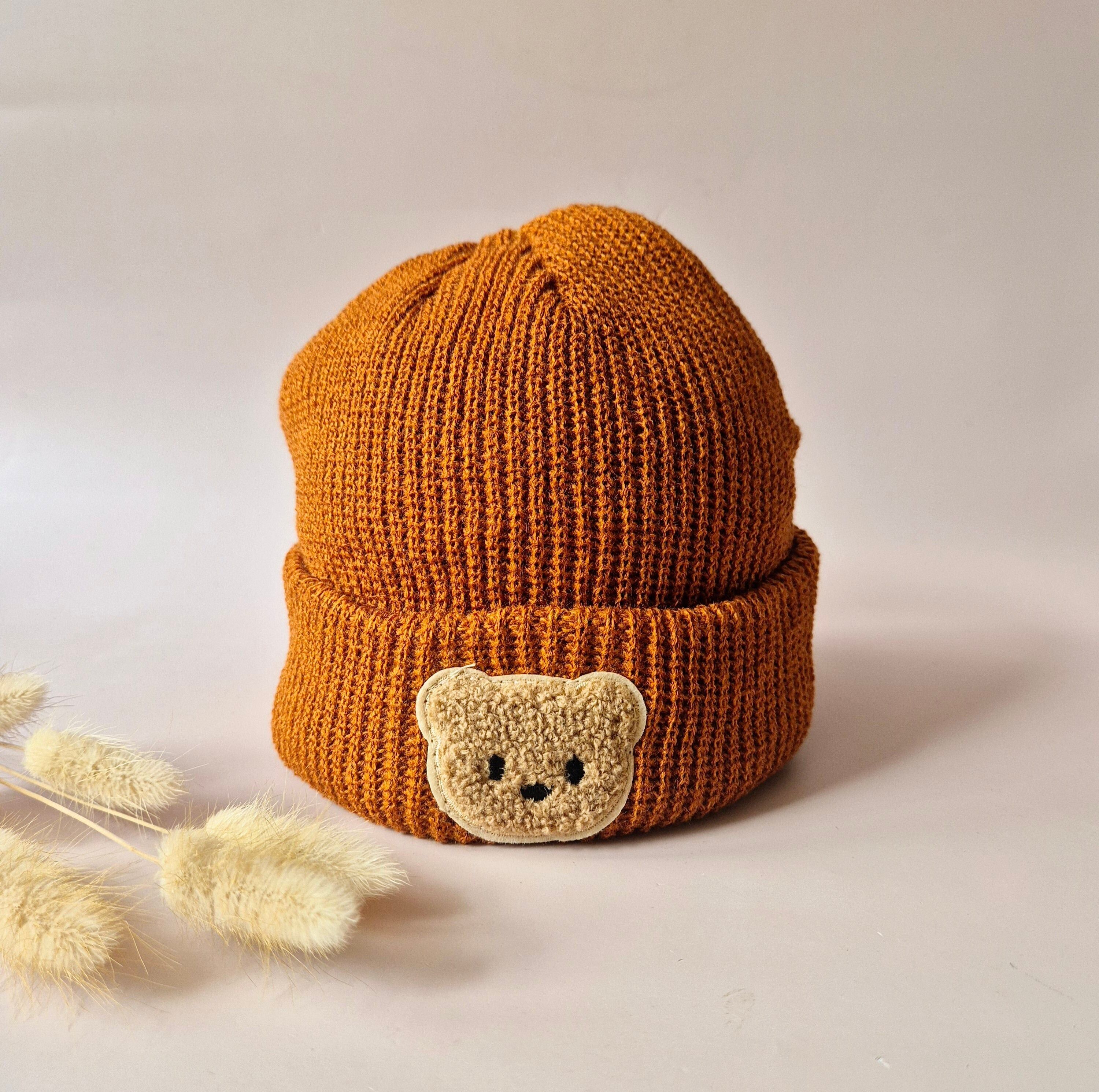 Berretto a forma di orsetto sonaglio – Caldo berretto lavorato a maglia color ruggine per neonati e bambini piccoli