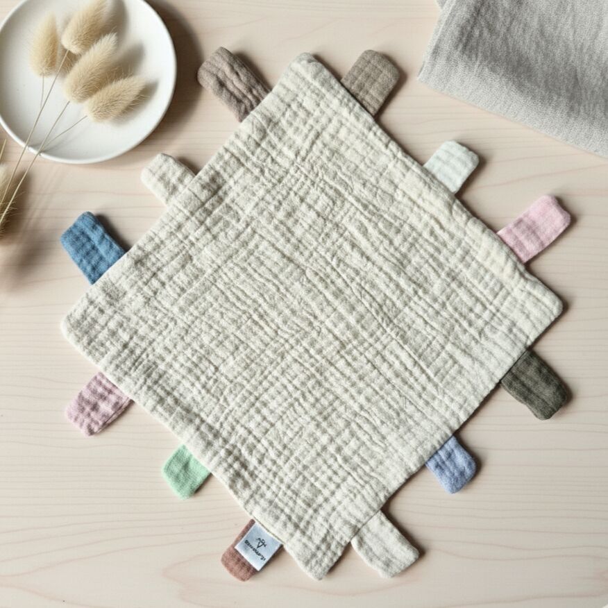 Mussola per giocare e coccolare con etichette 25x25 cm – Beige