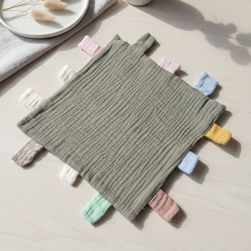 Mussola per giocare e coccolare con etichette 25x25 cm – Verde militare