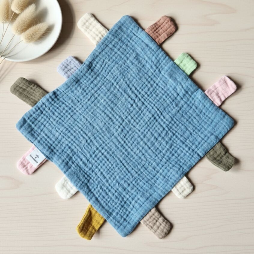 Telo da gioco e coccole idrofilo con etichette 25x25 cm – Blu