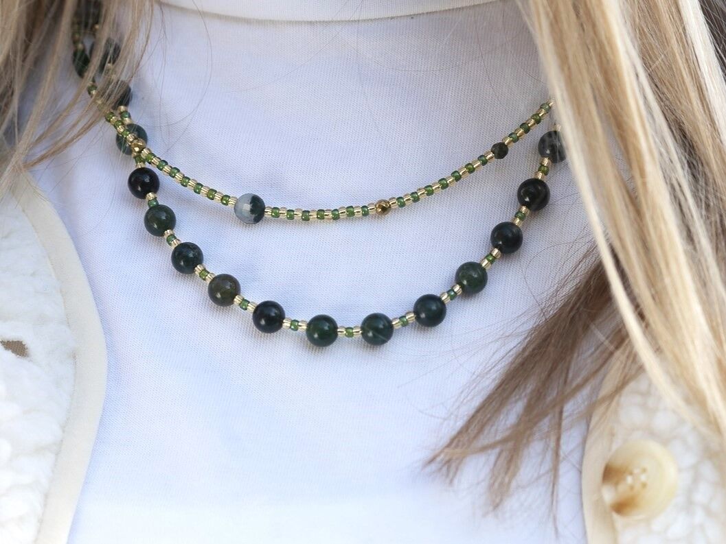 Collana in agata muschiata Batu, acciaio inossidabile argento o oro