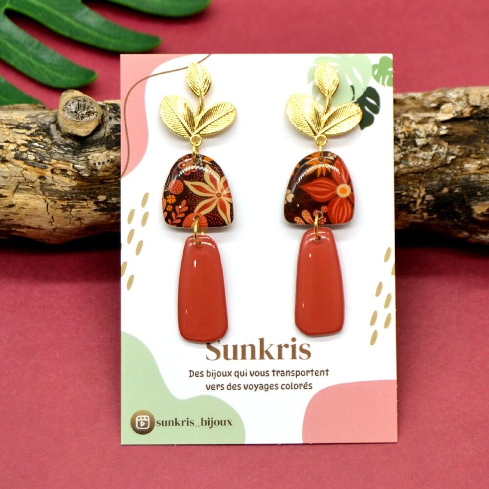 Pendientes florales naranjas – Colección de otoño – Joyería hecha a mano en Francia, diseño bohemio chic
