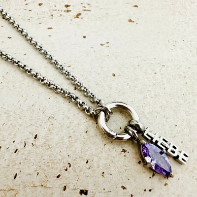 Collier à breloques avec fermoir mousqueton - Breloque LOVE & pierre de naissance de juin