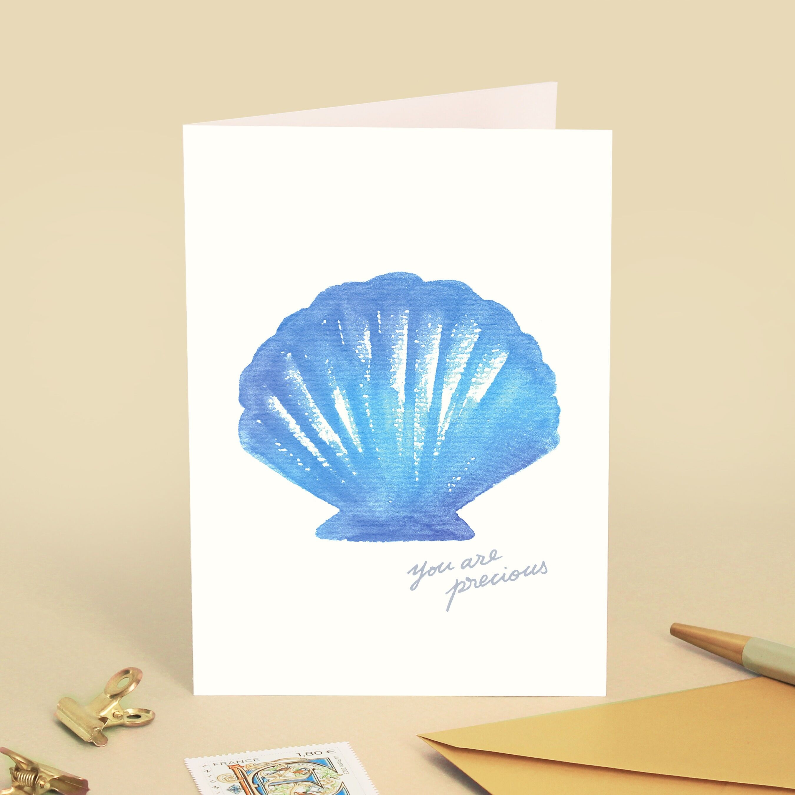 Carte de voeux "You are precious" - Illustration aquarelle coquillage bleu - Amour, beauté, amitié, toutes occasions