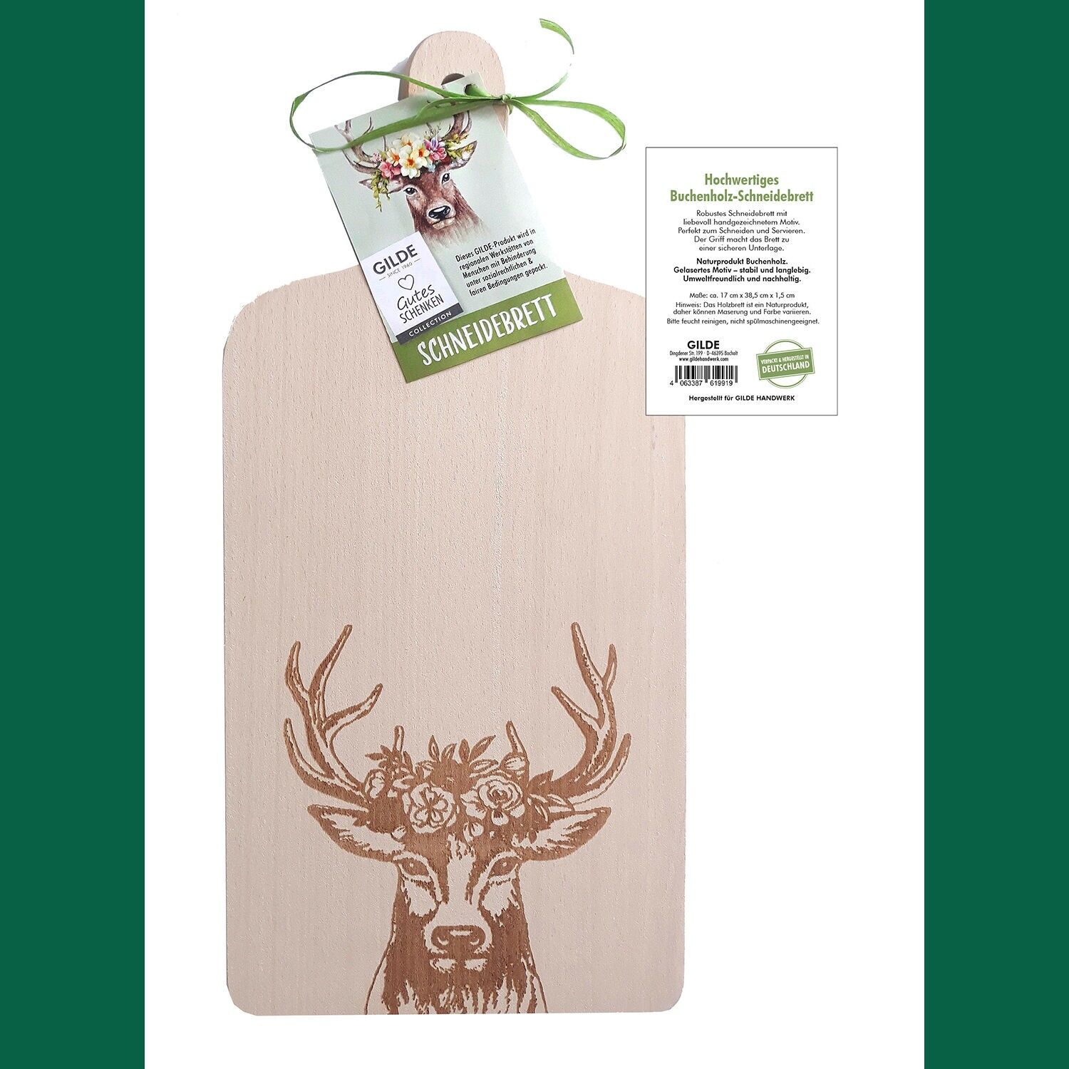 Cutting board deer with flowers natural color H.38.5 cm