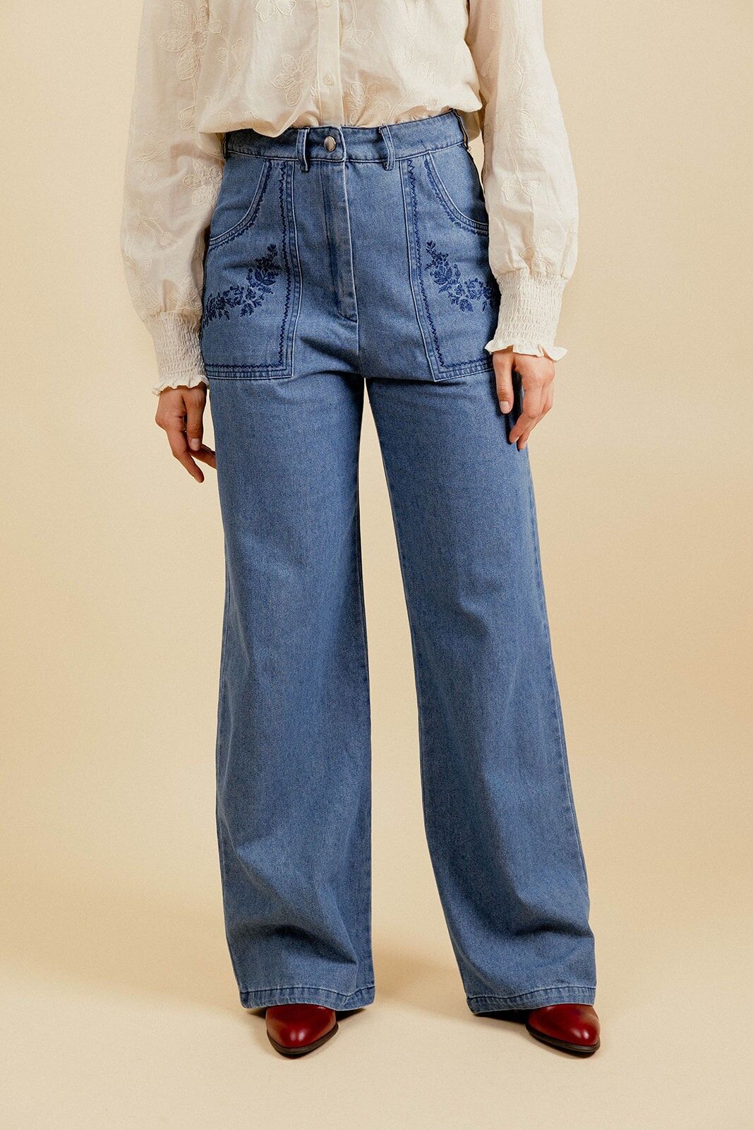 ADEL Chambray-Hose mit Stickerei