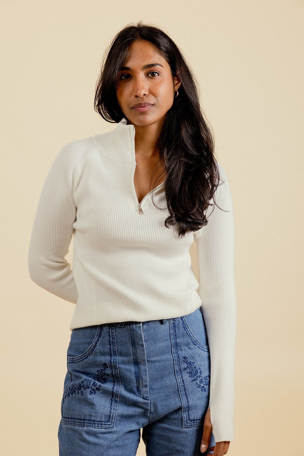 Suéter camionero de punto acanalado con cuello con cremallera AELIS