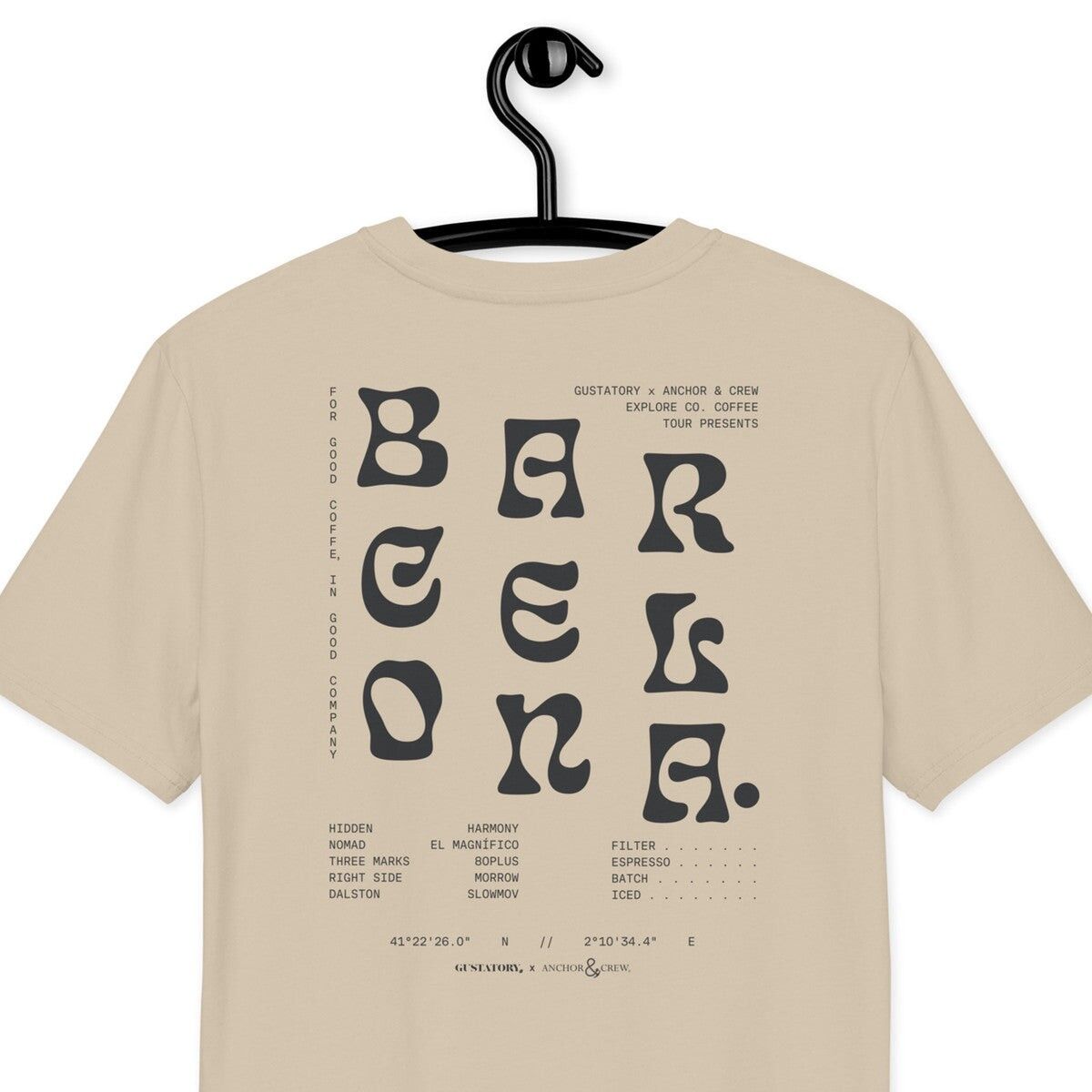 GUSTATORY Barcelona Coffee Scene T-shirt in cotone biologico ricamata