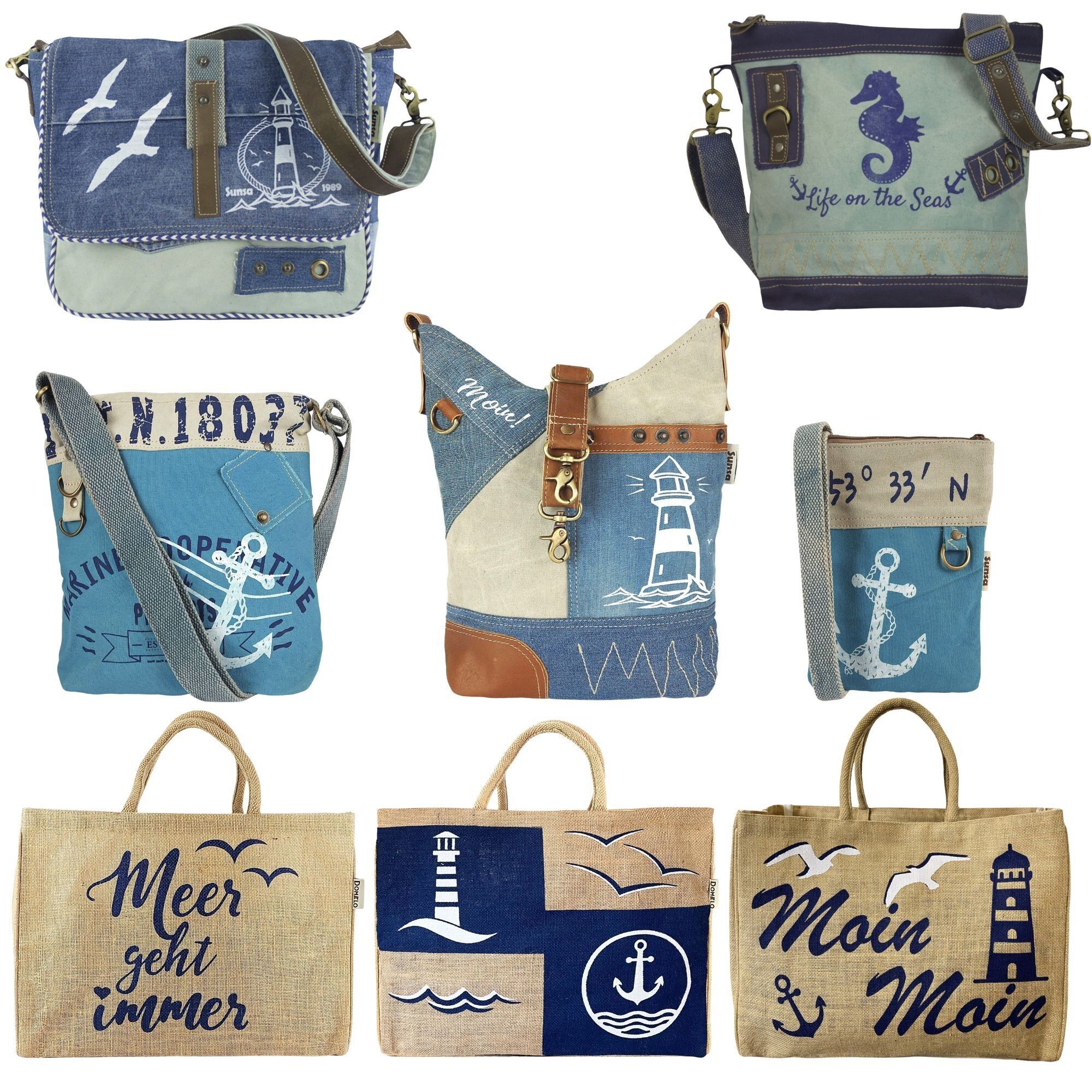 Pacchetto di borse marittime 8 borse marittime Borse in tela Borse in iuta Riciclo Borse in jeans varie misure
