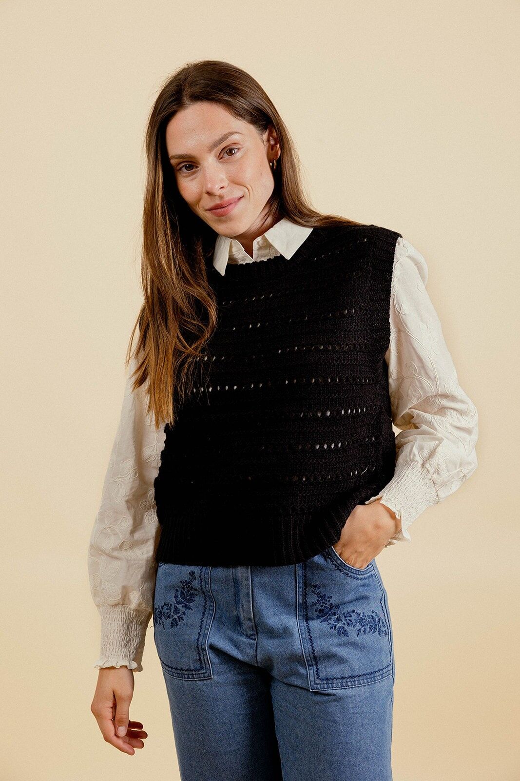 EDOUANE Pull sans manche a crochet ajourée