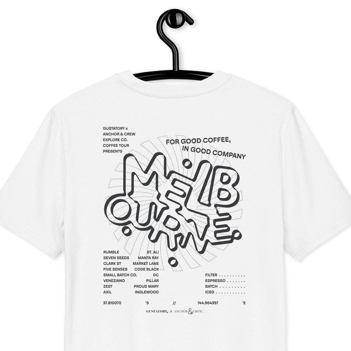 GUSTATORY Melbourne Coffee Scene T-shirt in cotone biologico ricamata