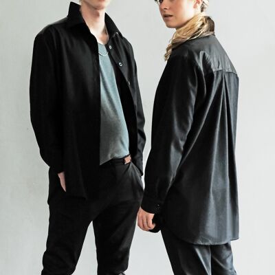 Veste chemise unisexe ‘Axl’ en laine noire avec empiècement en cuir, paquet de 3