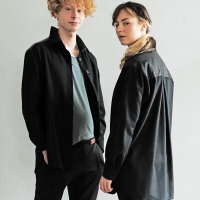 Veste chemise unisexe ‘Axl’ en laine noire avec empiècement en cuir, paquet de 3