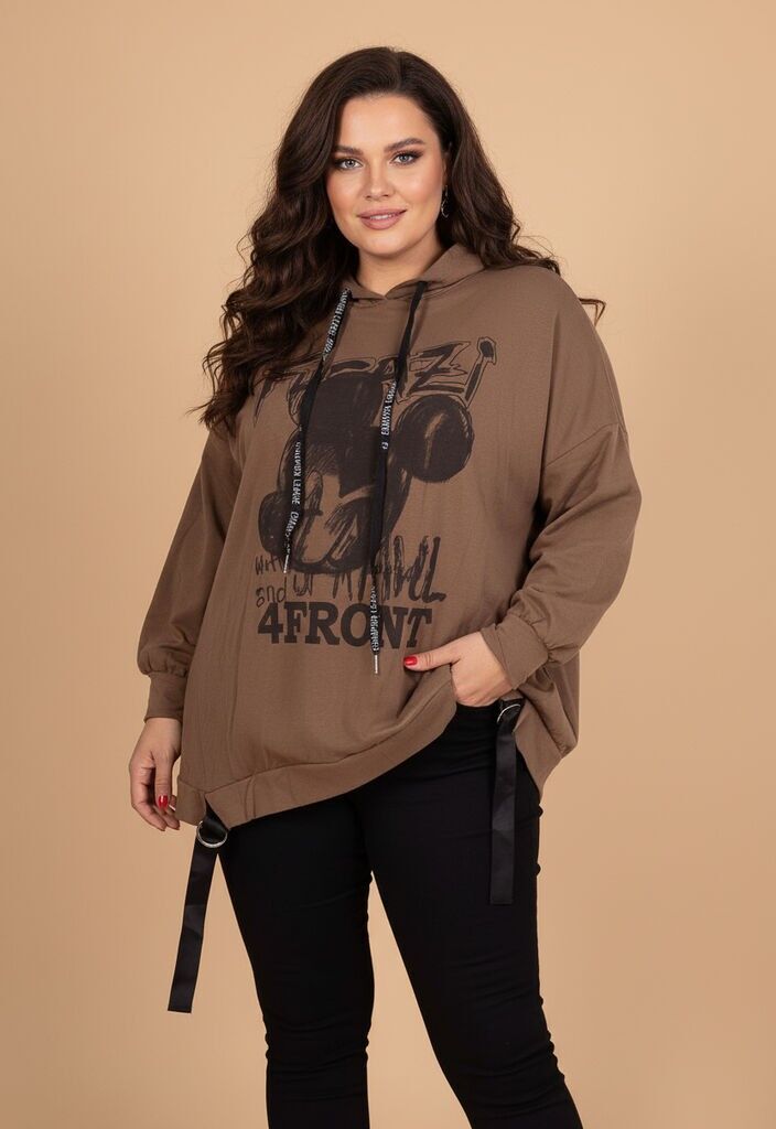Sudadera con capucha marrón con grafiti, talla grande (T05557)