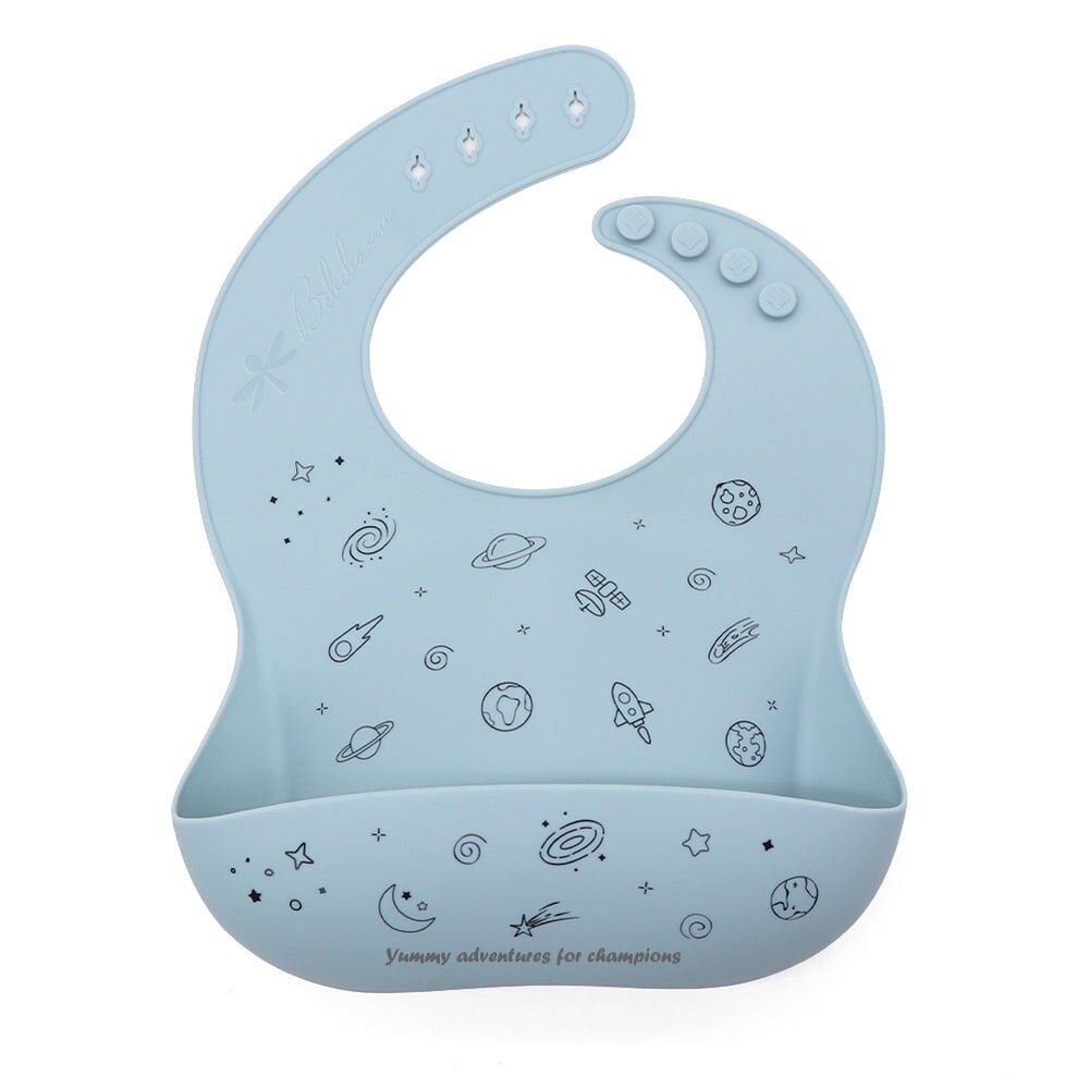 “Yummy adventures for Champions” silicone bib with adjustable closure
