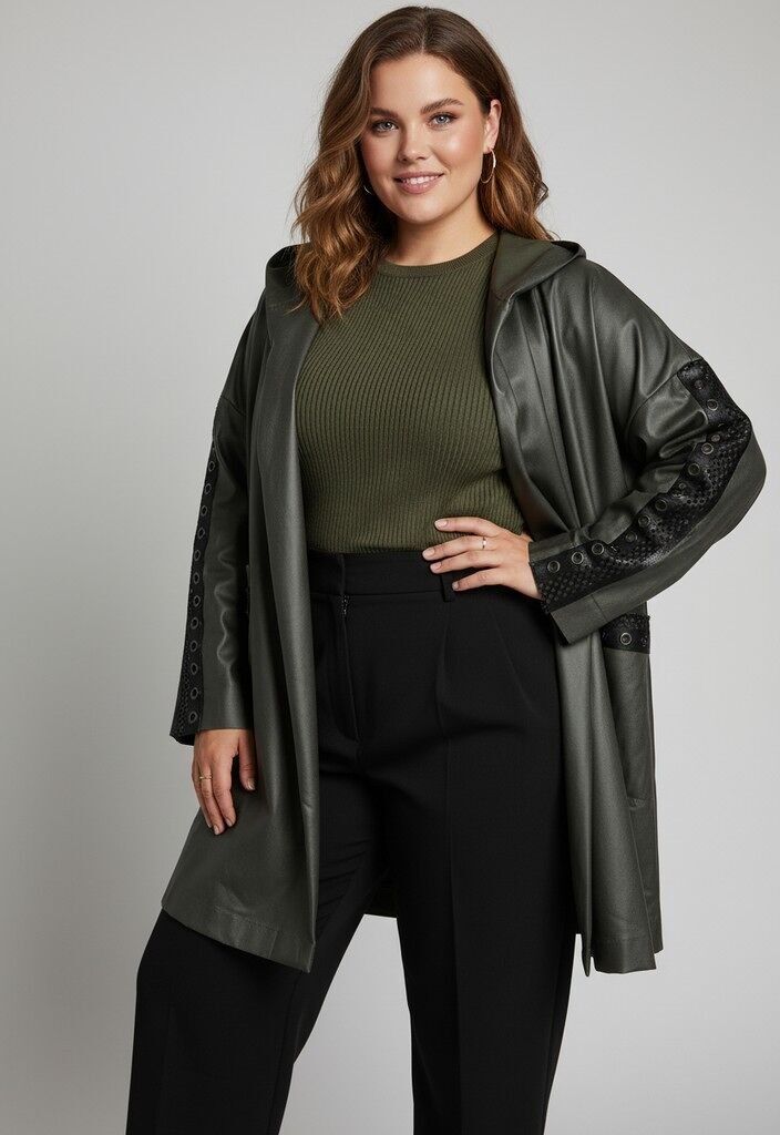 Veste à capuche grande taille en similicuir kaki (T251080)