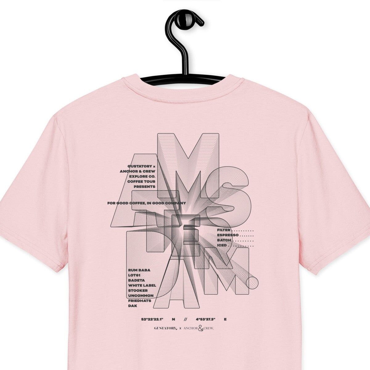 GUSTATORY Amsterdam Coffee Scene T-shirt in cotone biologico ricamata